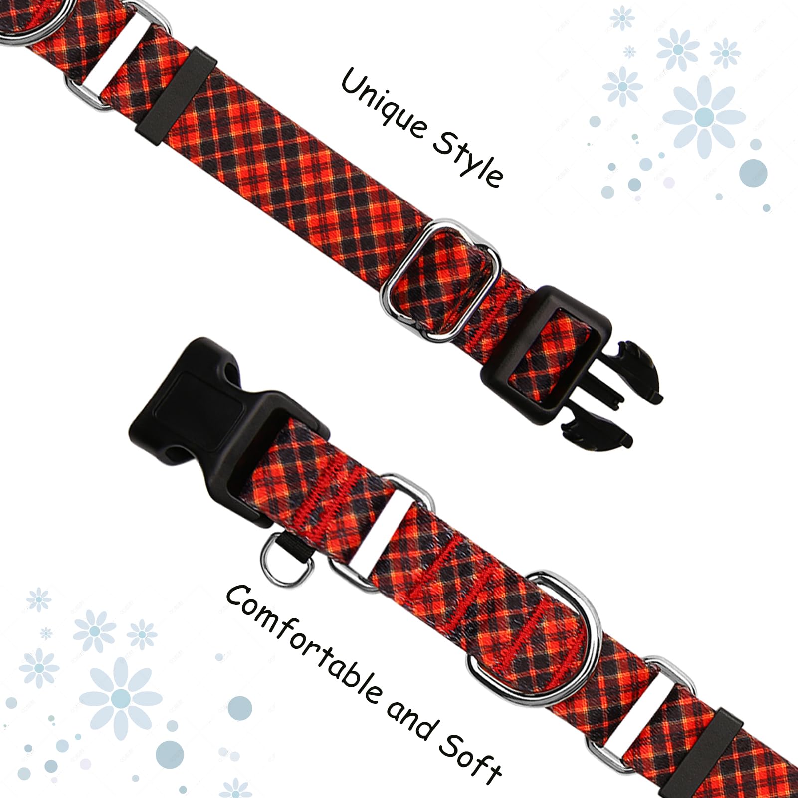 Christmas Plaid Dog Collar - Adjustable Soft Nylon Martingale Collar for Small Dogs (Red, for Walks & Training)