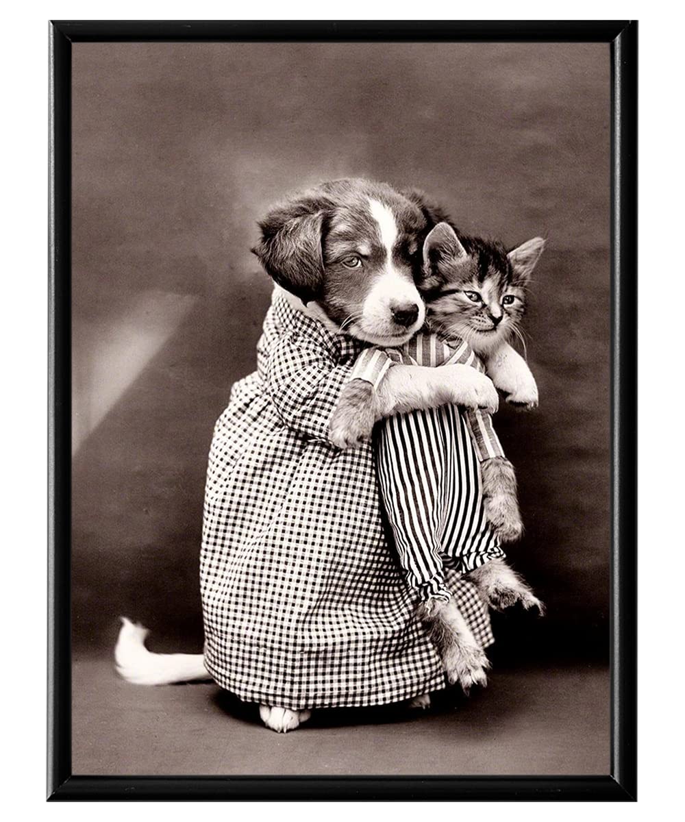 Funny Dog and Cat Wall Art - Vintage Black & White Animal Photos - Humorous Kitty & Puppy Decor for Bathroom, Office or Living Room - Perfect Gift for Pet Lovers - Cute Home Decor with Playful Dog and Cat Scenes