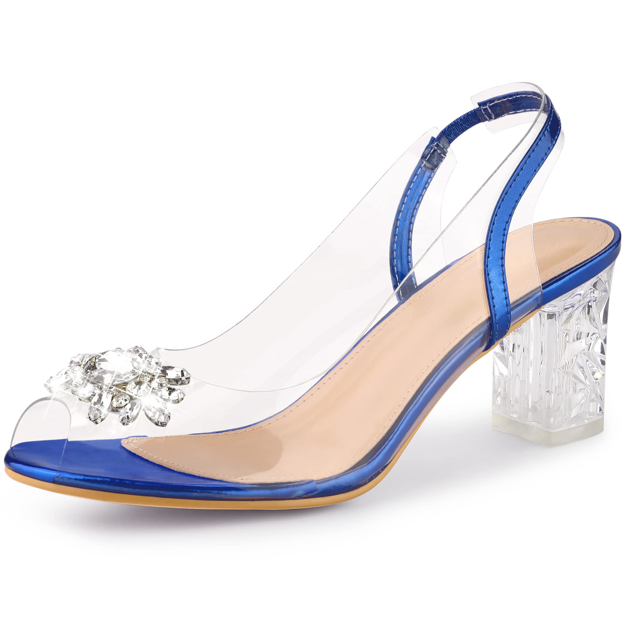 Perphy Clear Slingback Rhinestone Peep Toe Block Heel Sandals for Women | Comfortable Wedding Party Dress Shoes for Bridesmaid & Evening Events