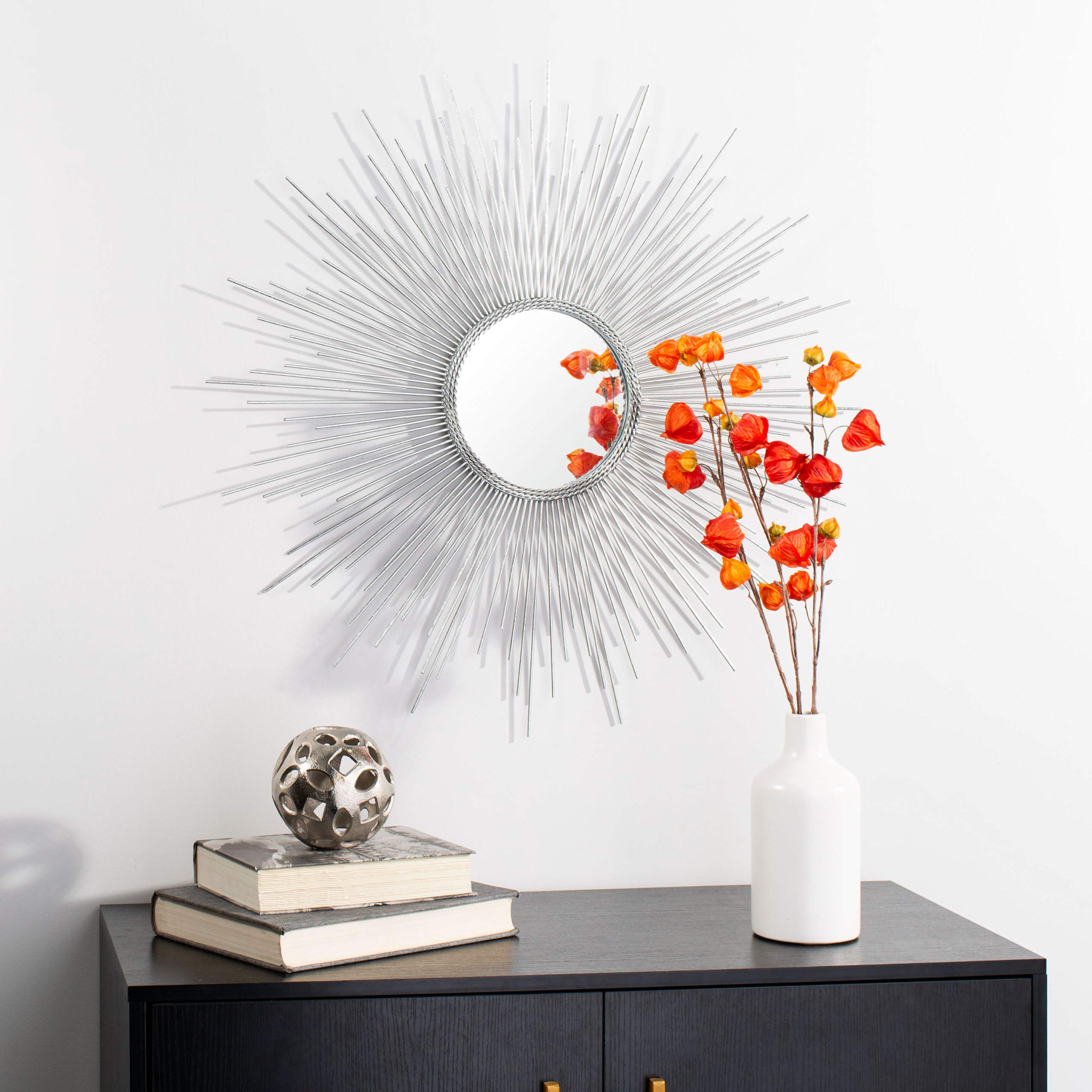 SAFAVIEH Home Emme Silver Sunburst 30-inch Round Decorative Wall Mirror - Perfect for Living Room, Bedroom, or Entryway Décor