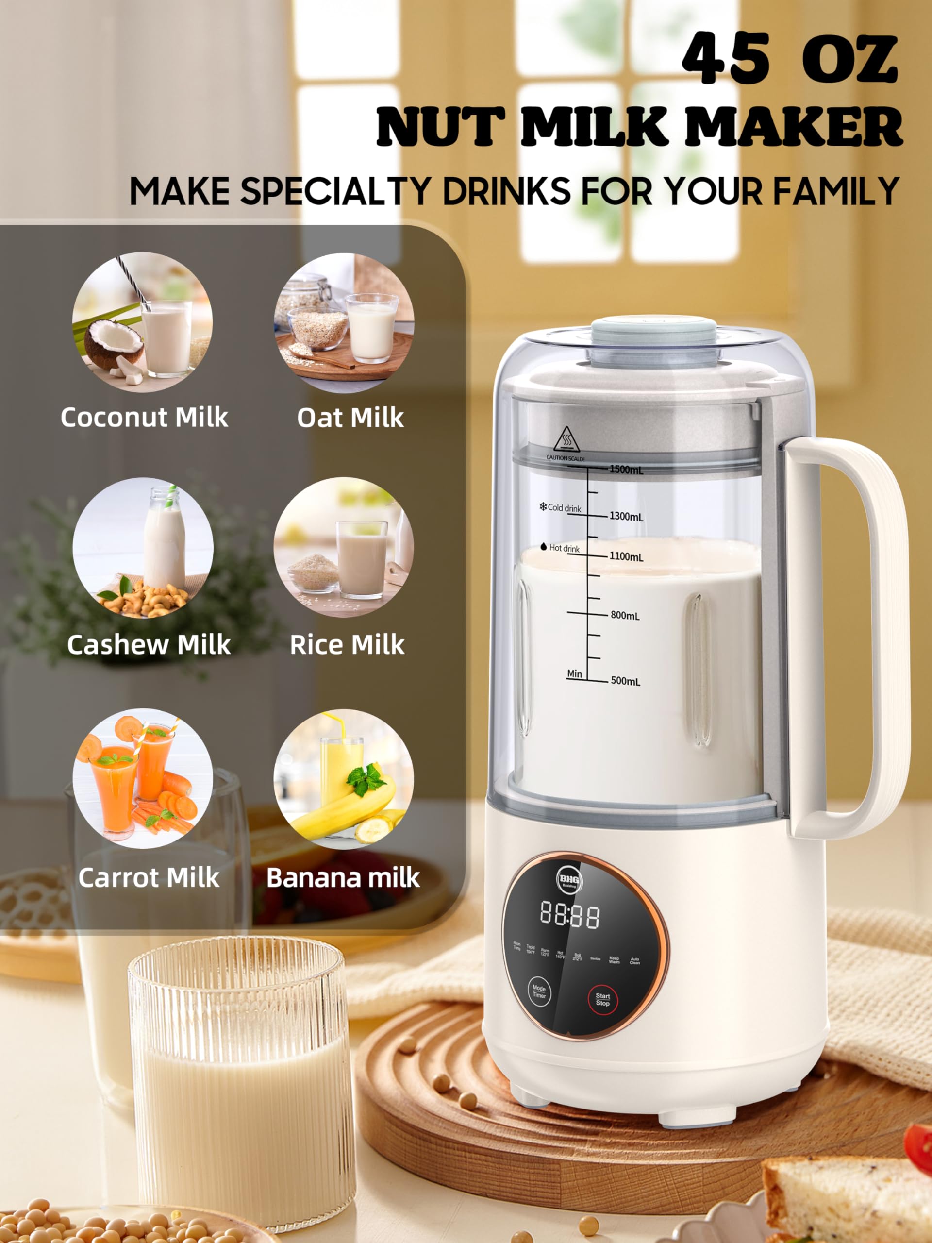 45oz Nut Milk Maker - 10-in-1 Homemade Plant-Based Milk Machine for Almond, Soy, Oat & Coconut Milk | Multifunctional with 12-Hour Timer, Auto-Clean, Keep Warm & Boil Functions | Perfect for Vegan, Keto & Dairy-Free Lifestyles | Kitchen & Breakfast Essential