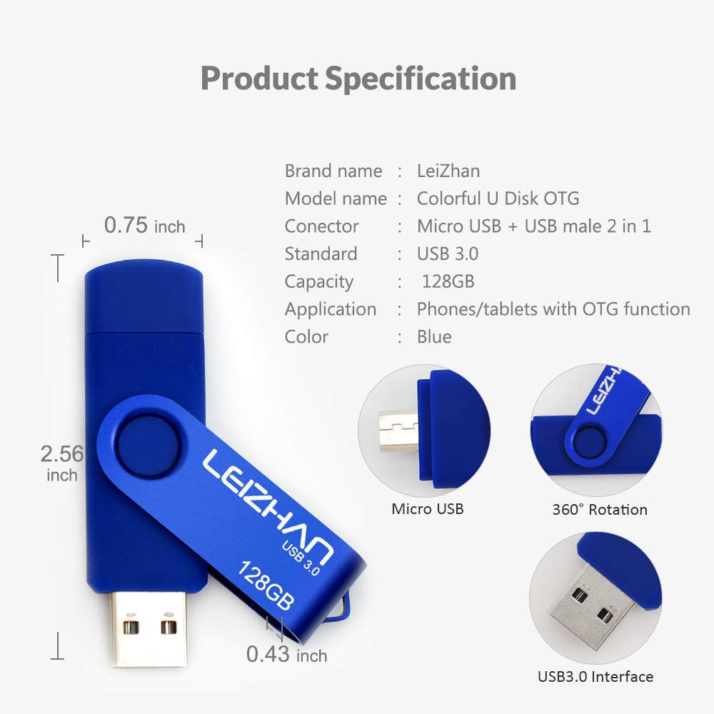 LEIZHAN 128GB USB 3.0 Flash Drive OTG Dual Port for Android/PC - Blue