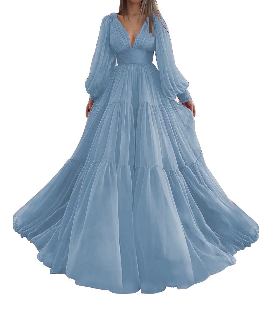 Elegant Long Sleeve Tulle Prom Dress for Women - Ball Gown Wedding Dress with V Neckline, Formal Evening Gown in Dusty Blue (Size 16) | Perfect for Prom, Homecoming, Bridal Party & Special Occasions