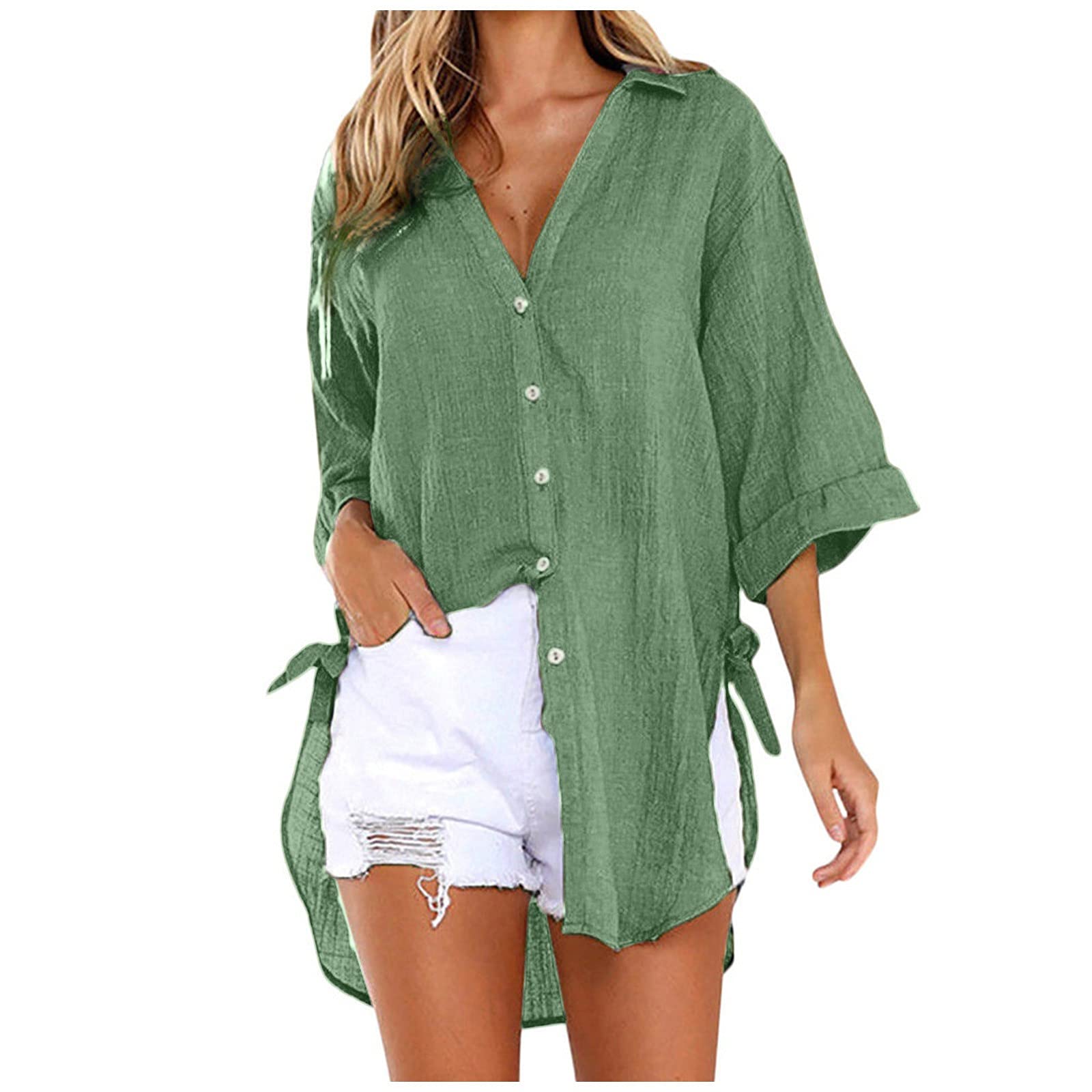 Women's Summer V-Neck Short Sleeve T-Shirts - Loose Fit Casual Tops (Green, Large) | Perfect for Beach Outings, Weekend Brunch & Everyday Comfort
