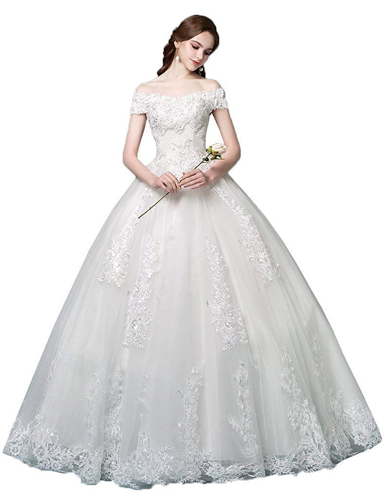 **Ivory Off-the-Shoulder Princess Wedding Dress with Lace Applique – Elegant Bridal Ball Gown for 2019 Brides – Perfect for Church, Beach, and Garden Weddings**