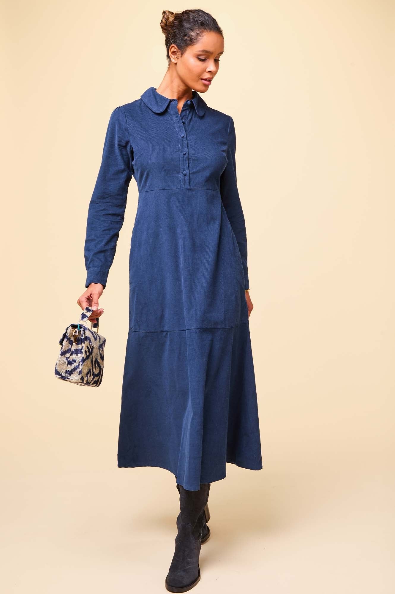Marissa Corduroy Dress for Women - Soft Stretch Navy Blue Corduroy A-Line Dress with Pockets | Perfect for Fall Winter, Office Wear, Casual Outings and Date Nights