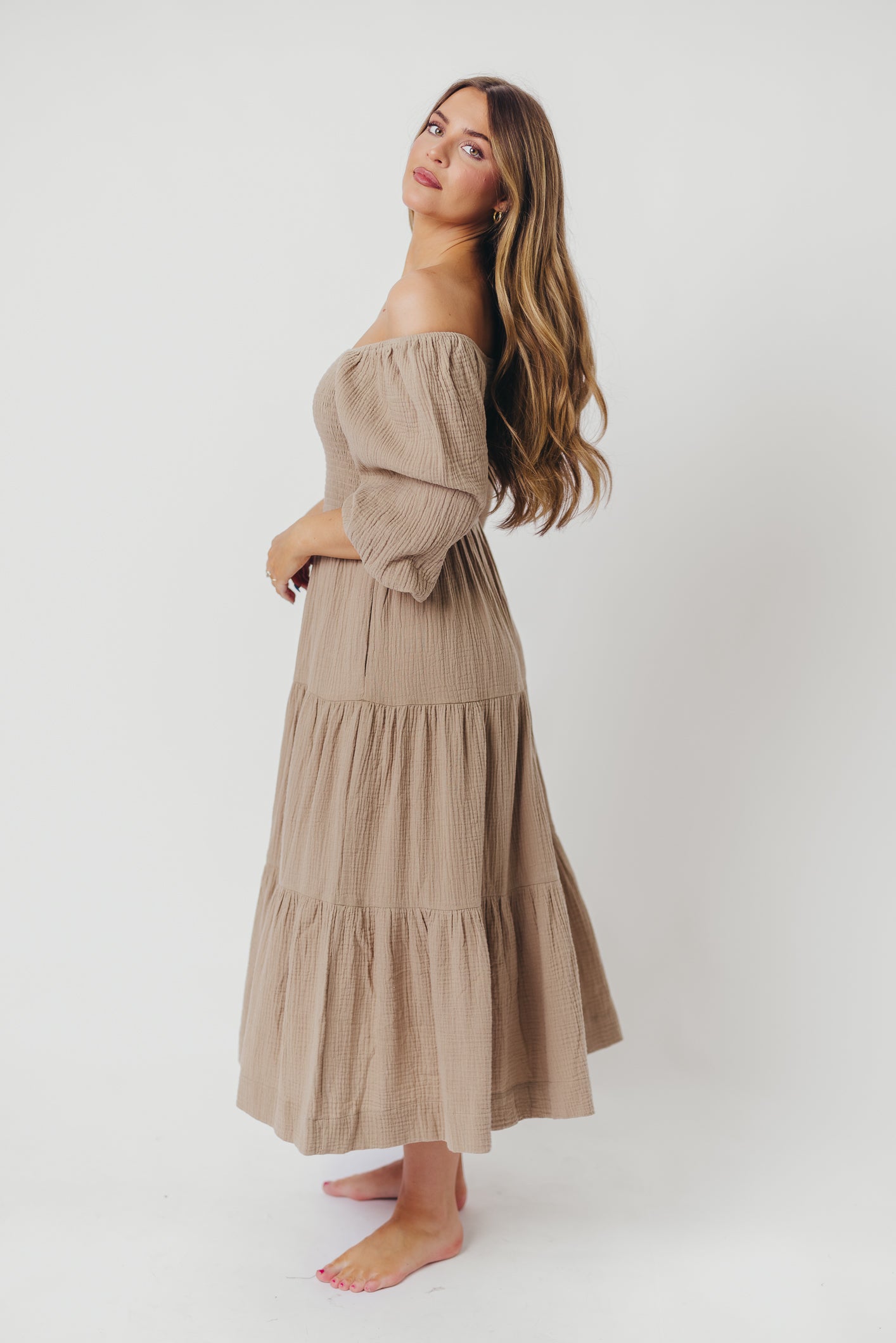 Taylor Cotton Smocked Midi Dress with Tiered Skirt in Pumice - Inclusive Sizing (XS-3X) | Flowy Summer Dress for Women | Perfect for Beach Vacations, Brunch Dates & Garden Parties