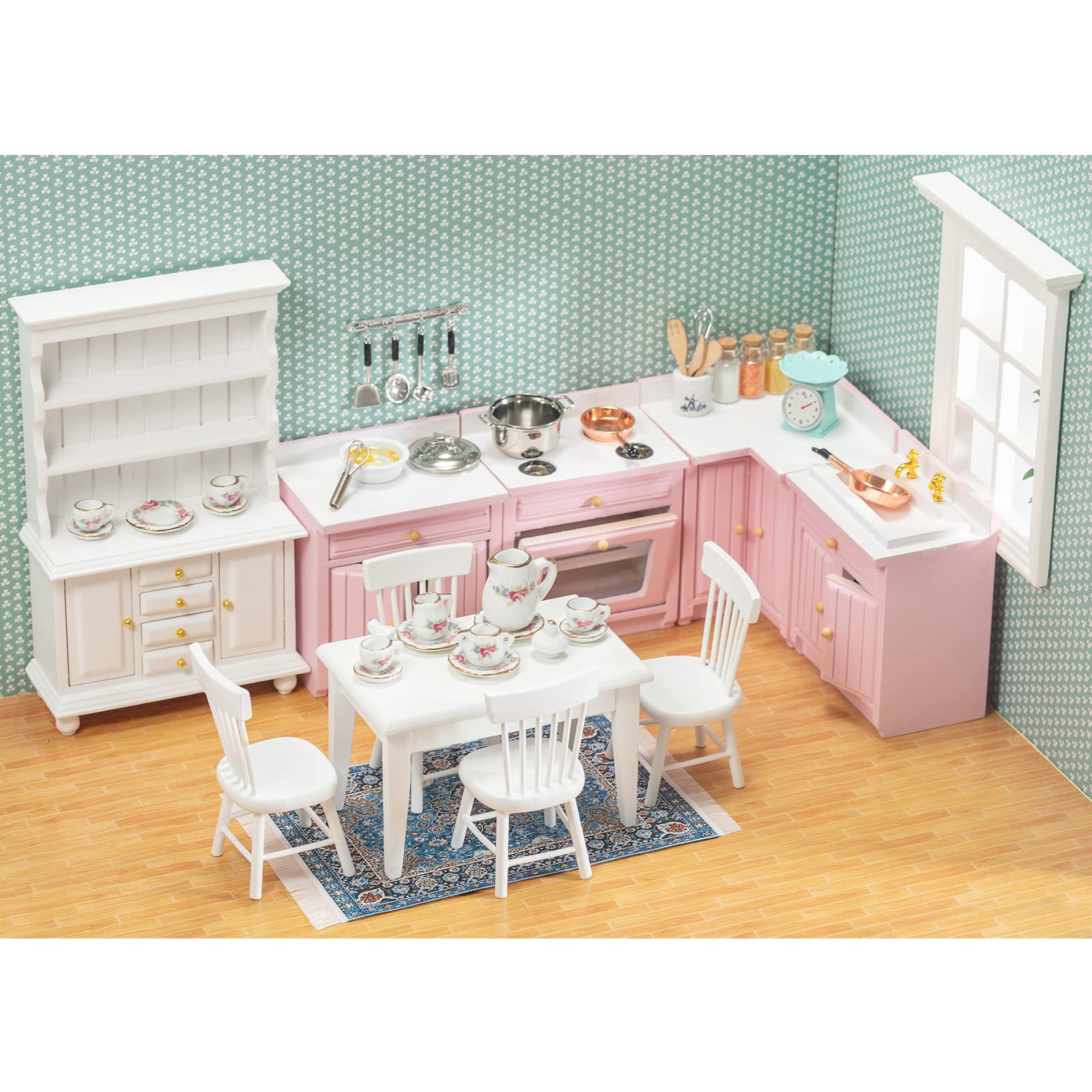 1:12 Scale SAMCAMI Miniature Dollhouse Furniture Set - Wooden Kitchen & Dining Room Accessories with Table, Chairs, Tea Set & Carpet (White) | Perfect for Dollhouse Decor, Collectors & Creative Play
