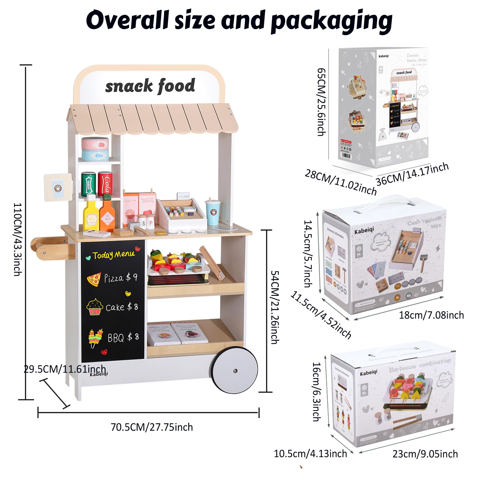 Wooden Pretend Play Food Cart Toy Set for Kids - Supermarket & Grocery Store Playset with Grill, Chalkboard & Cash Register - Educational Role Play Toy for Boys & Girls Ages 3+ - Perfect for Birthday Gifts & Indoor Pretend Play Activities