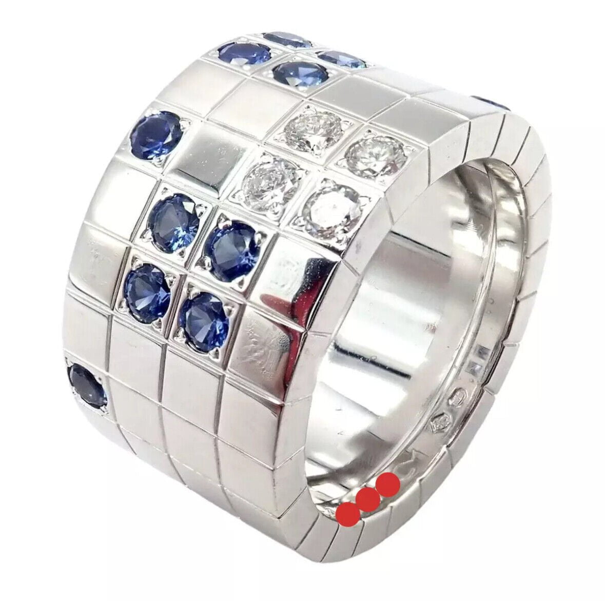 Cartier 18k White Gold Lanieres Diamond & Blue Sapphire Wide Band Ring - Size 6.5 (US 53) - Luxury Wedding Band, Anniversary Gift for Her, Elegant Jewelry for Special Occasions