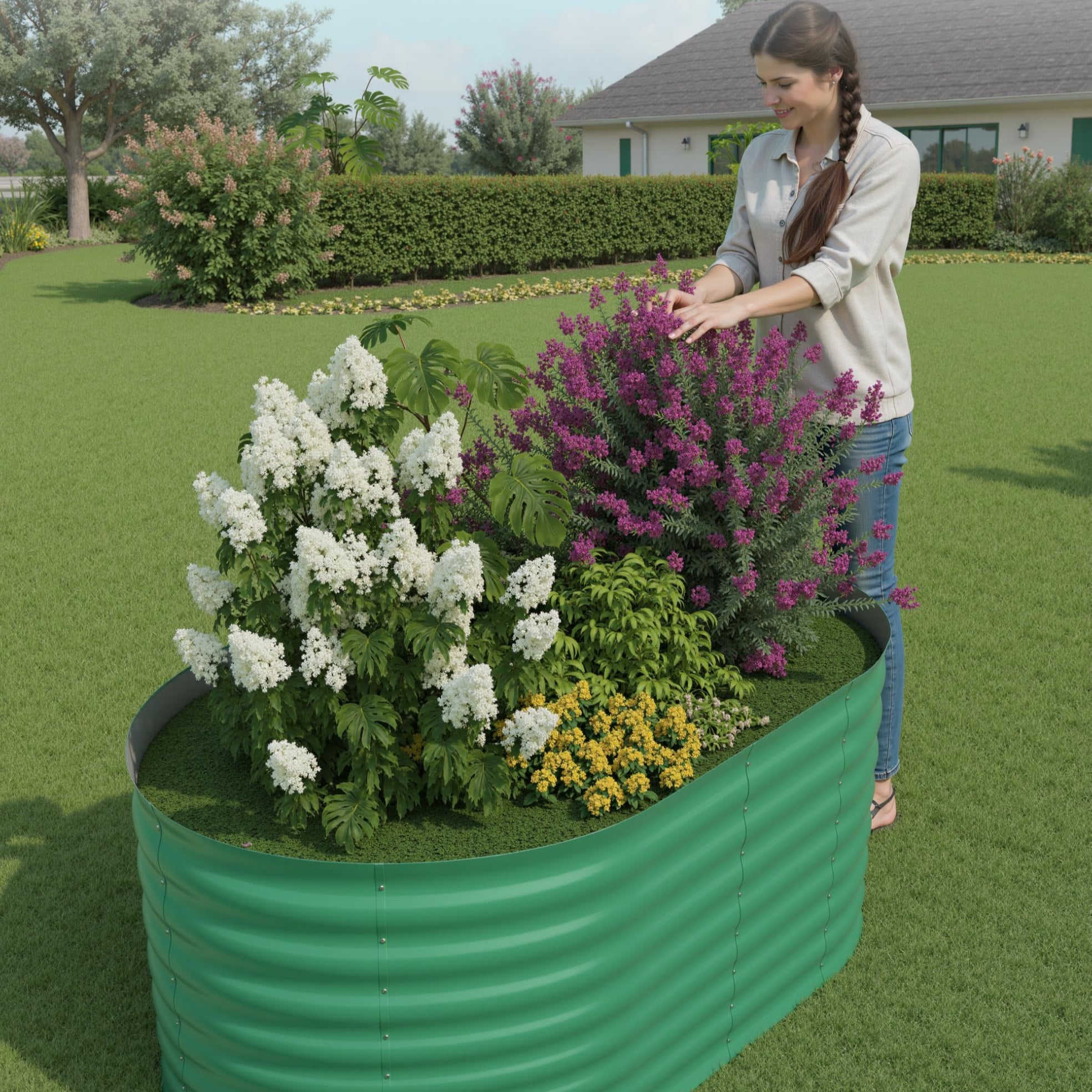 GARVEE 4' X 2' X 2' Oval Galvanized Steel Raised Garden Bed - Outdoor Metal Planter Box for Flowers, Vegetables & Herbs (Green) - Perfect for Backyard Gardening, Patio Decor & Urban Farming