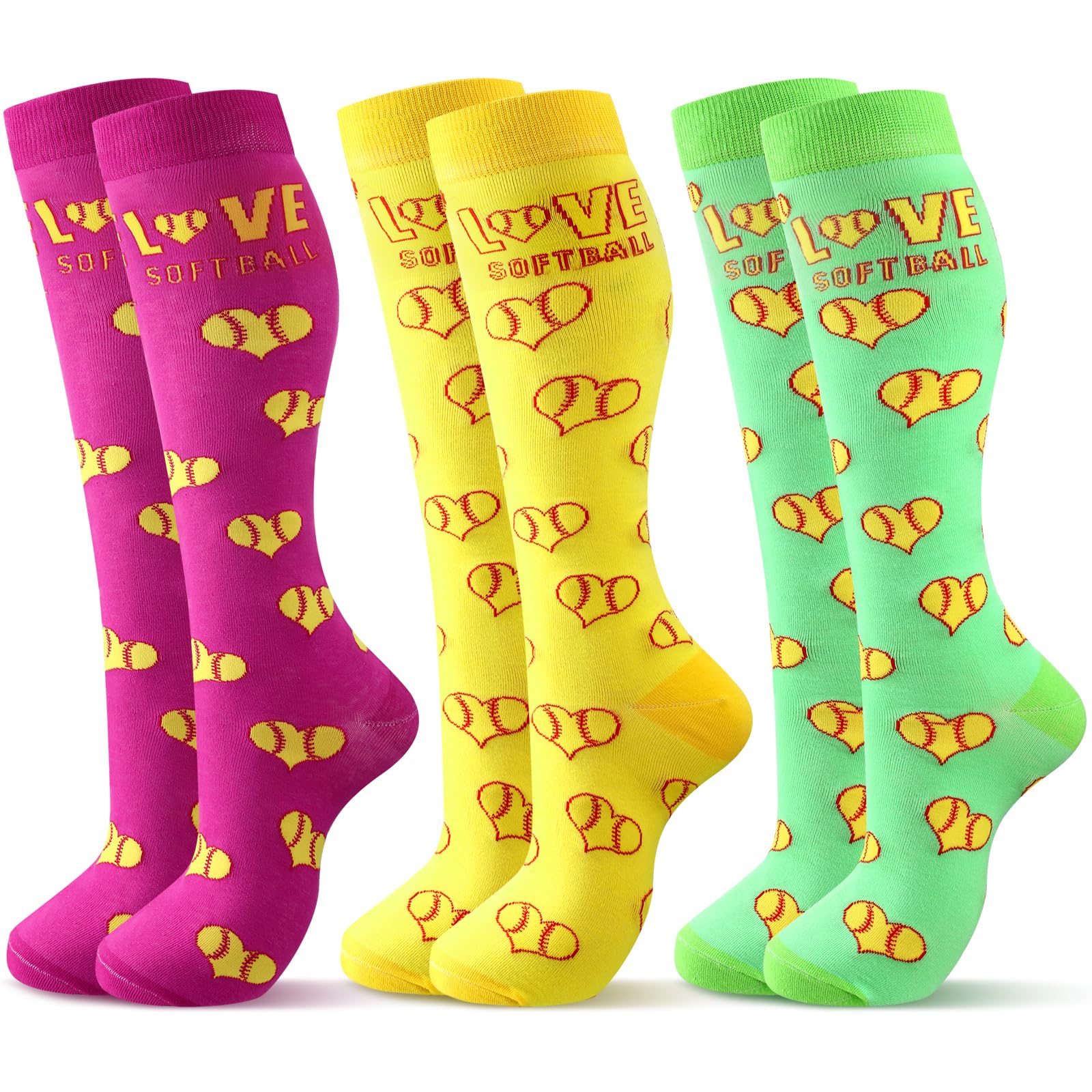 3 Pairs Heart Print Softball Socks for Women & Youth - Knee High Athletic Socks for Girls - Perfect for Baseball Games, Valentine's Day Gifts & Birthday Party Presents