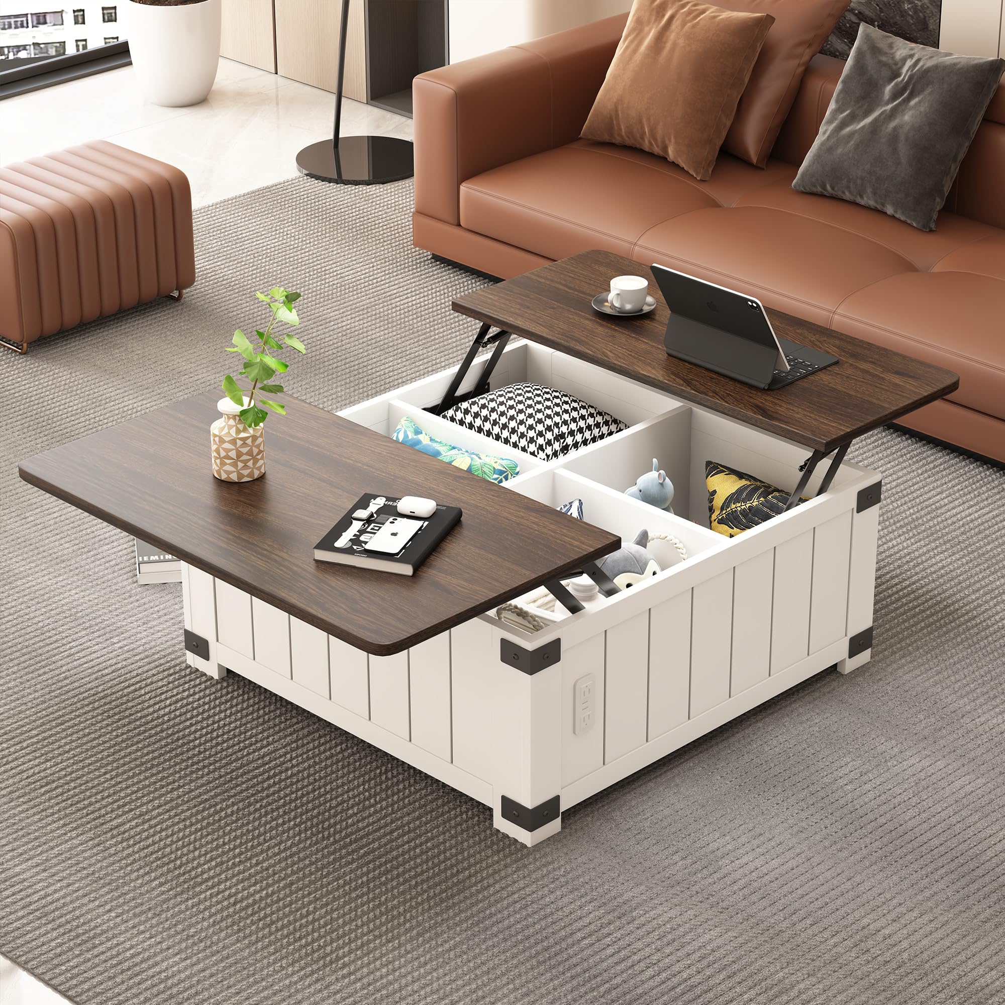 Square Lift Top Coffee Table with Storage - White Wooden Cocktail Table with USB Ports & Charging Station, 4 Grids Hidden Compartment for Home, Office, Dorm & Apartment | Perfect for Living Room, Study & Small Spaces