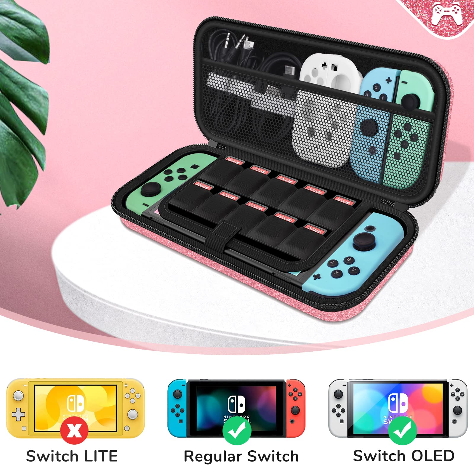 Glitter Nintendo Switch & Switch OLED Hard Travel Case - Pink Protective Shell Pouch for Console & Accessories | Durable Girls Gaming Case for Travel & Storage