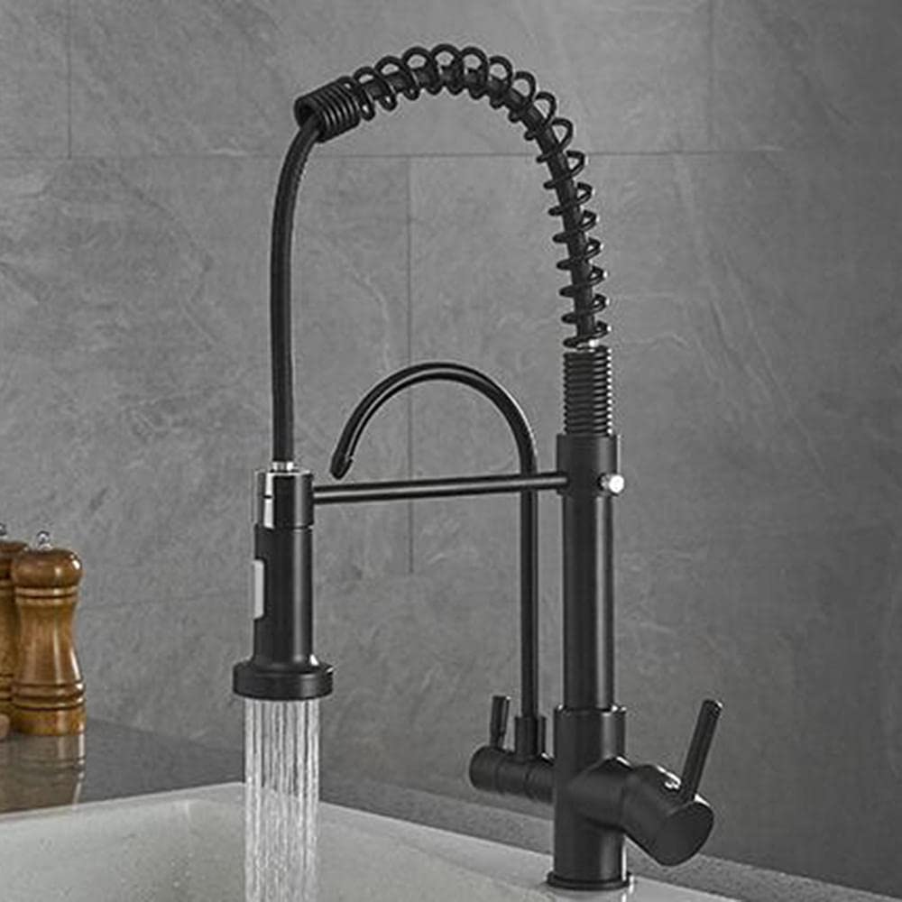 3-in-1 Pull Down Kitchen Faucet with Sprayer - Brass Black Finish, Hot & Cold Water Mixer with Pure Water Filtration System - Perfect for Modern Kitchens, Cooking, Washing Dishes and Food Prep