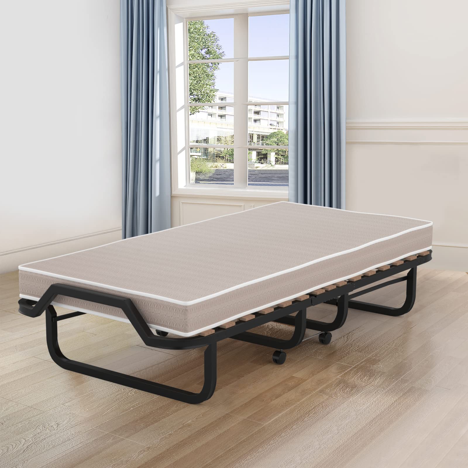 KOMFOTT Folding Guest Bed with 4 Inch Memory Foam Mattress - Portable Rollaway Bed with Sturdy Steel Frame & Wheels for Adults - Made in Italy - Perfect for Spare Rooms, Sleepovers & Small Apartments
