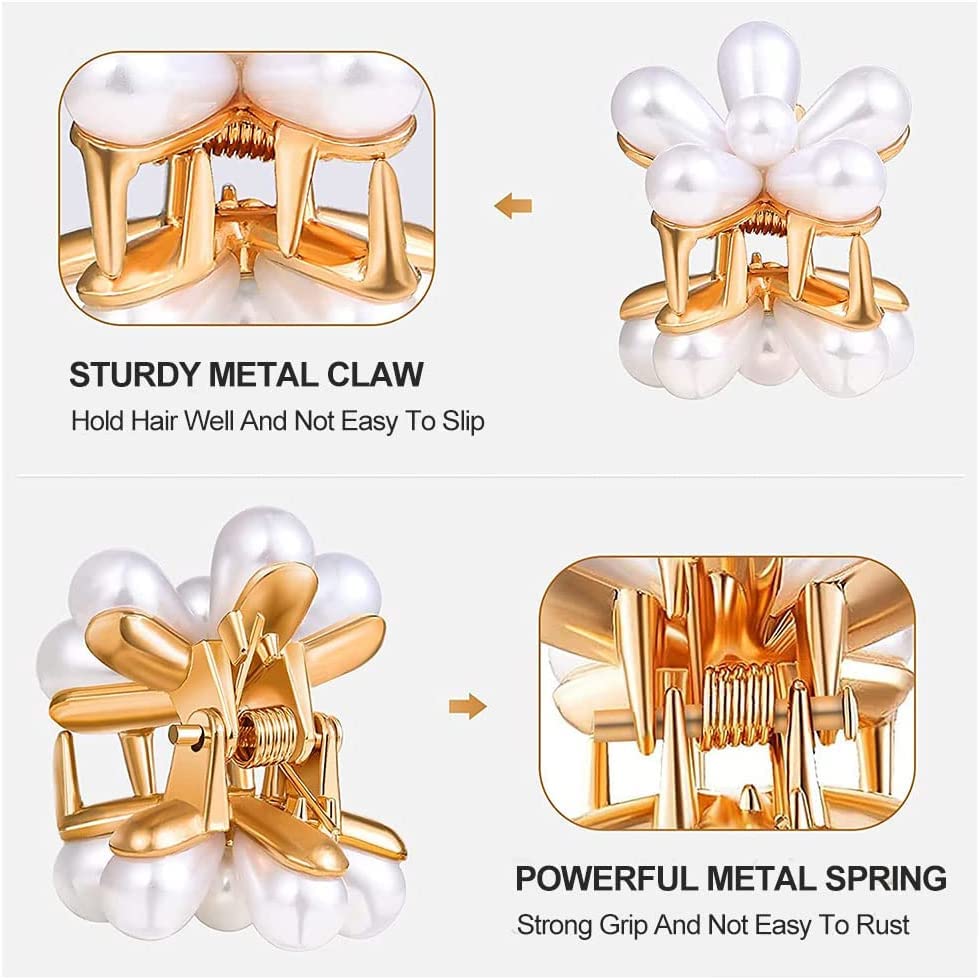 HAPPYMATES 6 Pack Korean Style Mini Hair Clips - Pearl Hair Claw Clips with Daisy Design, Non-Slip Hair Barrettes for Women & Girls | Perfect for School, Work, Parties & Everyday Hairstyles
