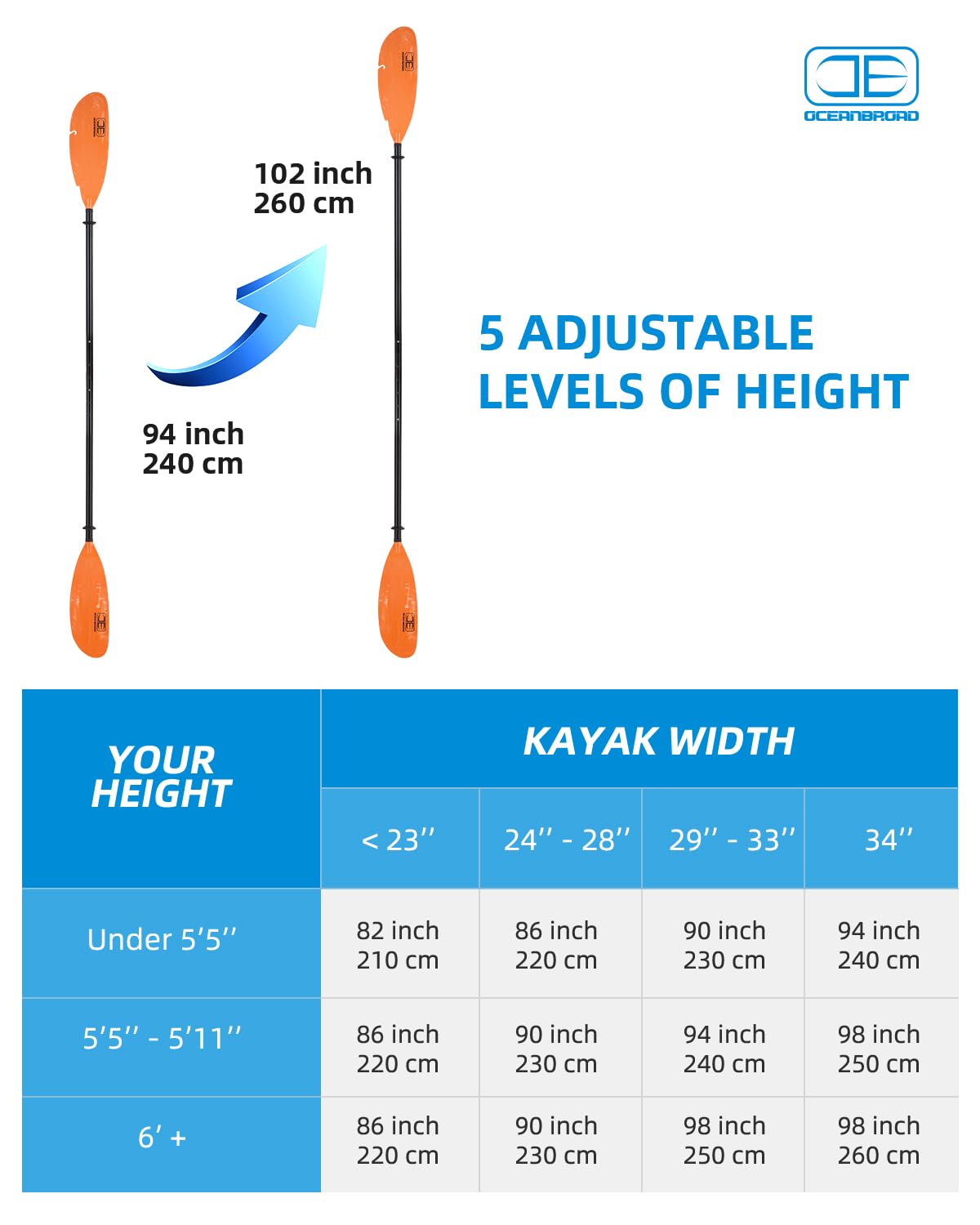 OCEANBROAD Adjustable Fishing Kayak Paddle 94-102 inch (240-260cm) - Lightweight Aluminum Alloy Shaft with Paddle Leash - Perfect for Kayaking, Canoeing & Water Sports