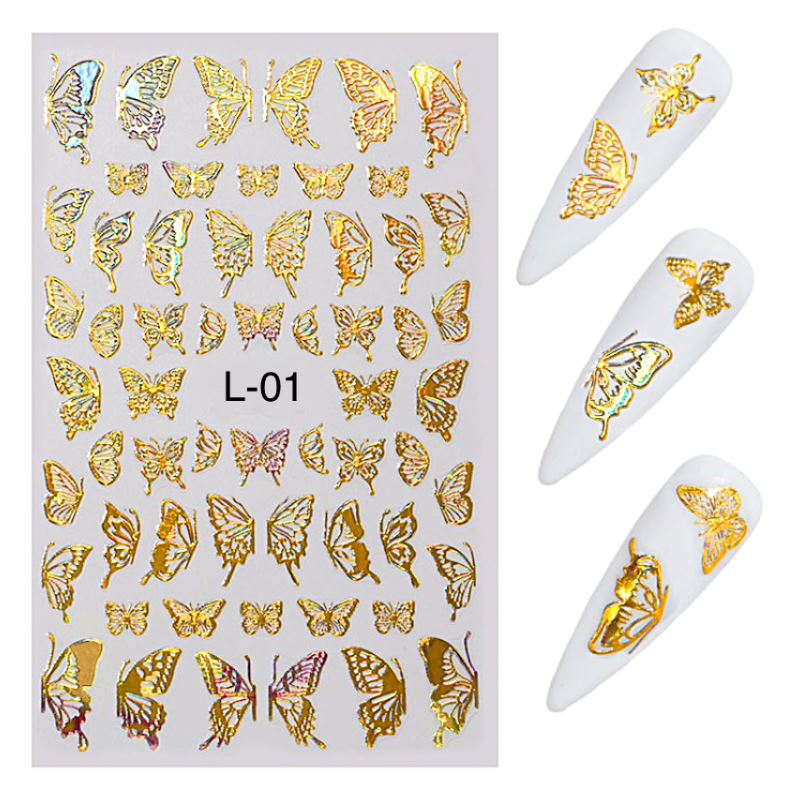 Butterfly Gold & Silver Holographic Nail Art Stickers - Self-Adhesive Nail Decals for Manicure, DIY Nail Design - Perfect for Parties, Weddings, and Special Occasions