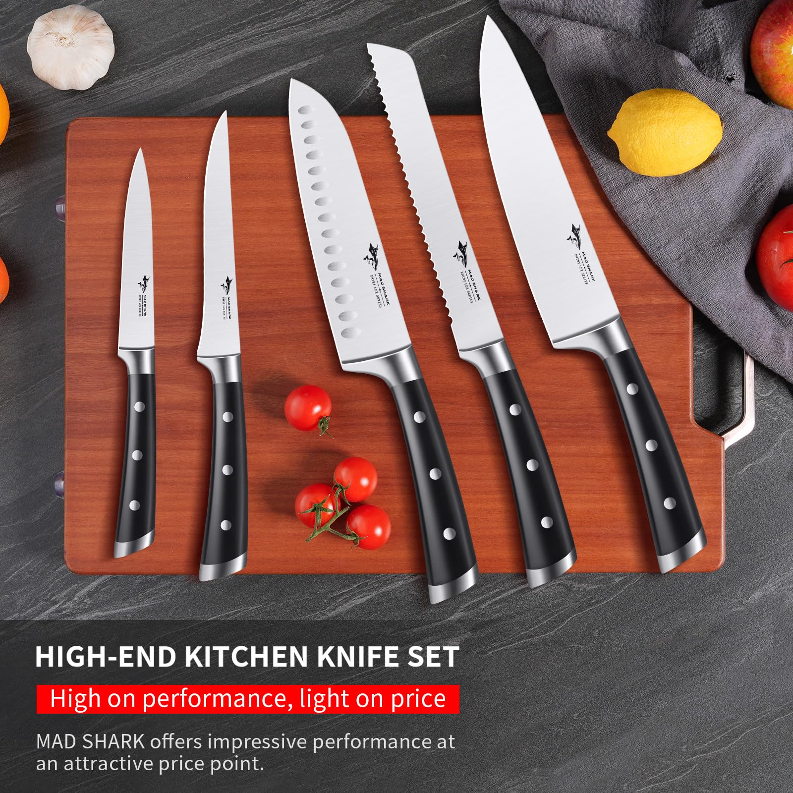 Professional MAD SHARK 5-Piece German High Carbon Stainless Steel Kitchen Knife Set - Ultra Sharp Chef Knives with Ergonomic Handle for Home Cooking, Perfect Gift for Chefs | Ideal for Slicing, Dicing, and Food Prep