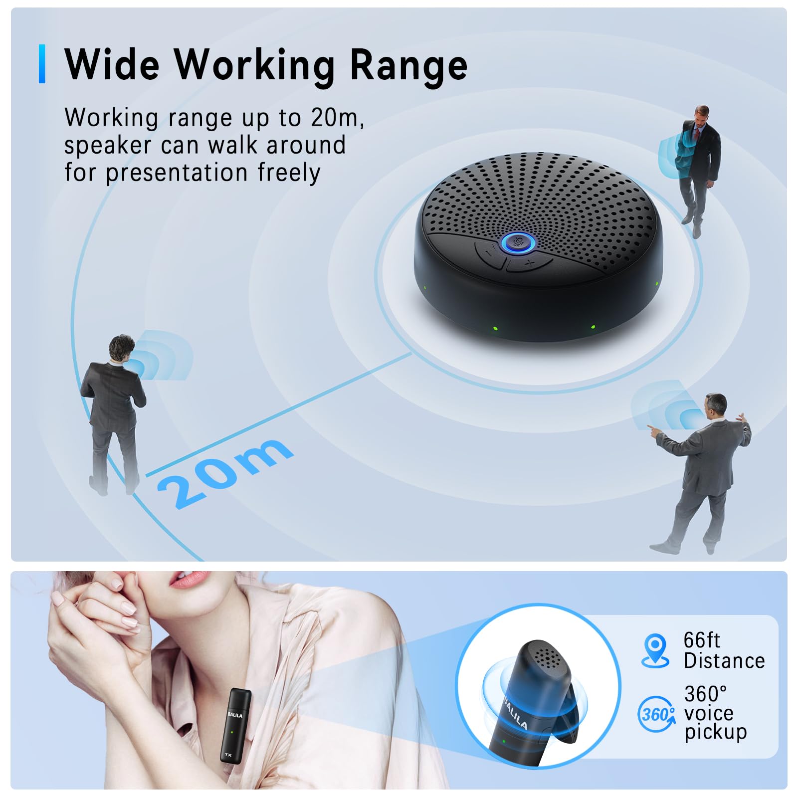 BALILA Wireless Conference Speaker with 5 Microphones - 360° Omnidirectional USB-C Speaker for Zoom, Skype, Teams Meetings - Crystal Clear Audio for Home Office, Business Conference Rooms & Remote Work