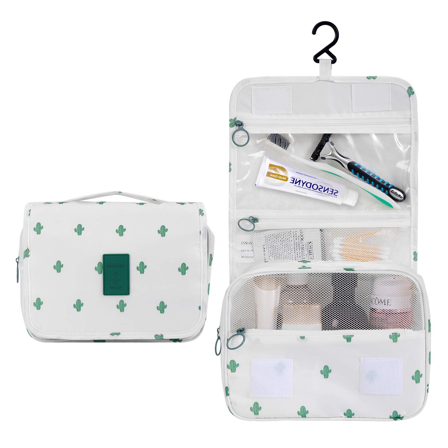 Trawila Travel Hanging Toiletry Bag for Men & Women - Waterproof Cosmetic Organizer with Sturdy Hook, Perfect for Camping, Gym & Air Travel (White Cactus Design)