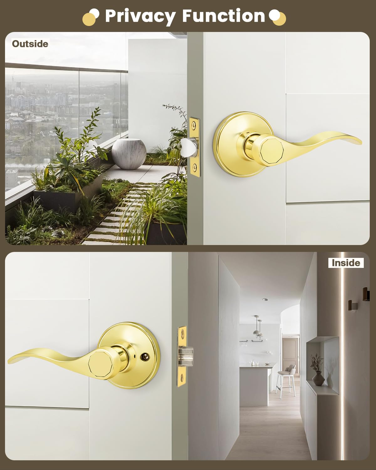 8 Pack Polished Brass Passage Door Levers - Non-Locking Interior Door Handlesets for Closet & Hallway (Right/Left Handing) - Perfect for Bedroom, Bathroom & Office Doors