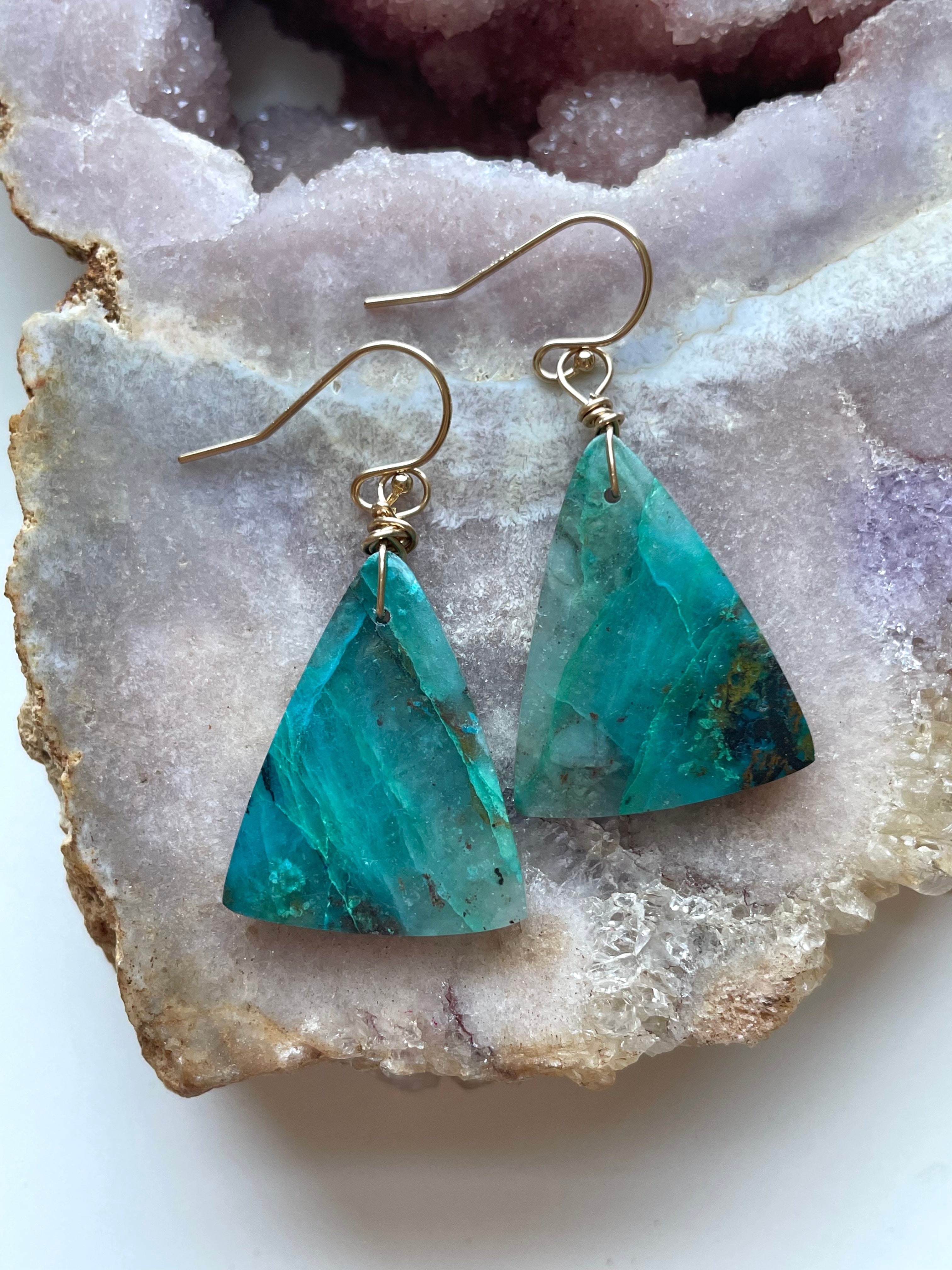 Large Chrysocolla Gold Filled Statement Crystal Gemstone Earrings for Women - Elegant Boho Jewelry for Parties, Weddings & Special Occasions