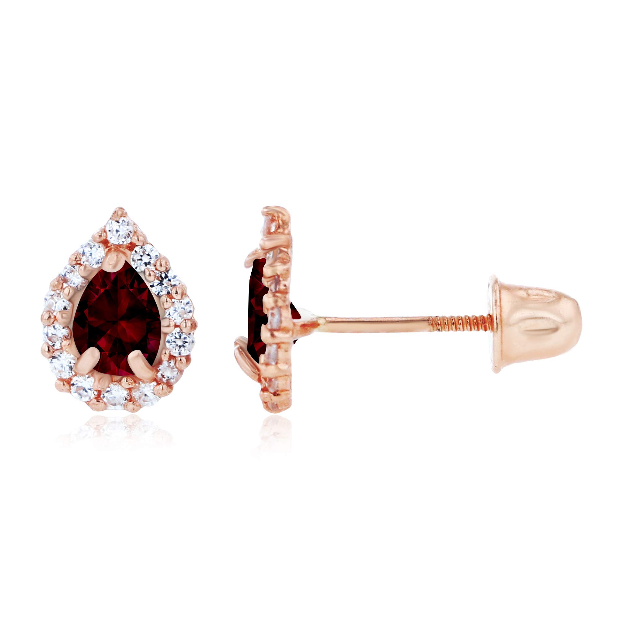 14K Solid Gold Pear Shaped Natural Birthstone Stud Earrings for Women | 7x5mm & 4x3mm Pear Cut Screwback Earrings | 1mm White Sapphire Halo Earrings | Perfect for Birthdays, Anniversaries & Special Occasions