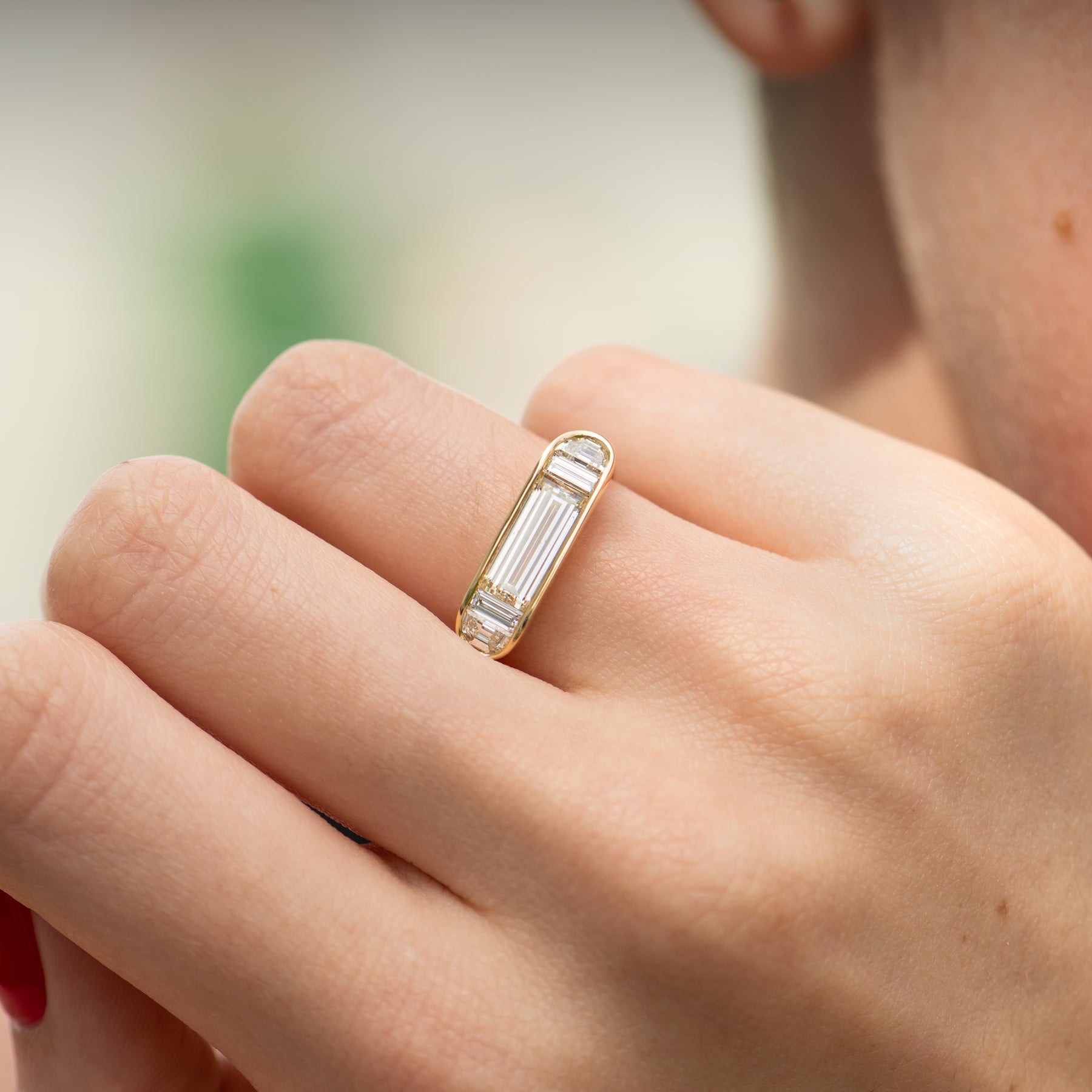 Exquisite Framed Horizontal Engagement Ring with Half Moon & Baguette Diamonds - Perfect for Proposals, Anniversaries & Special Occasions