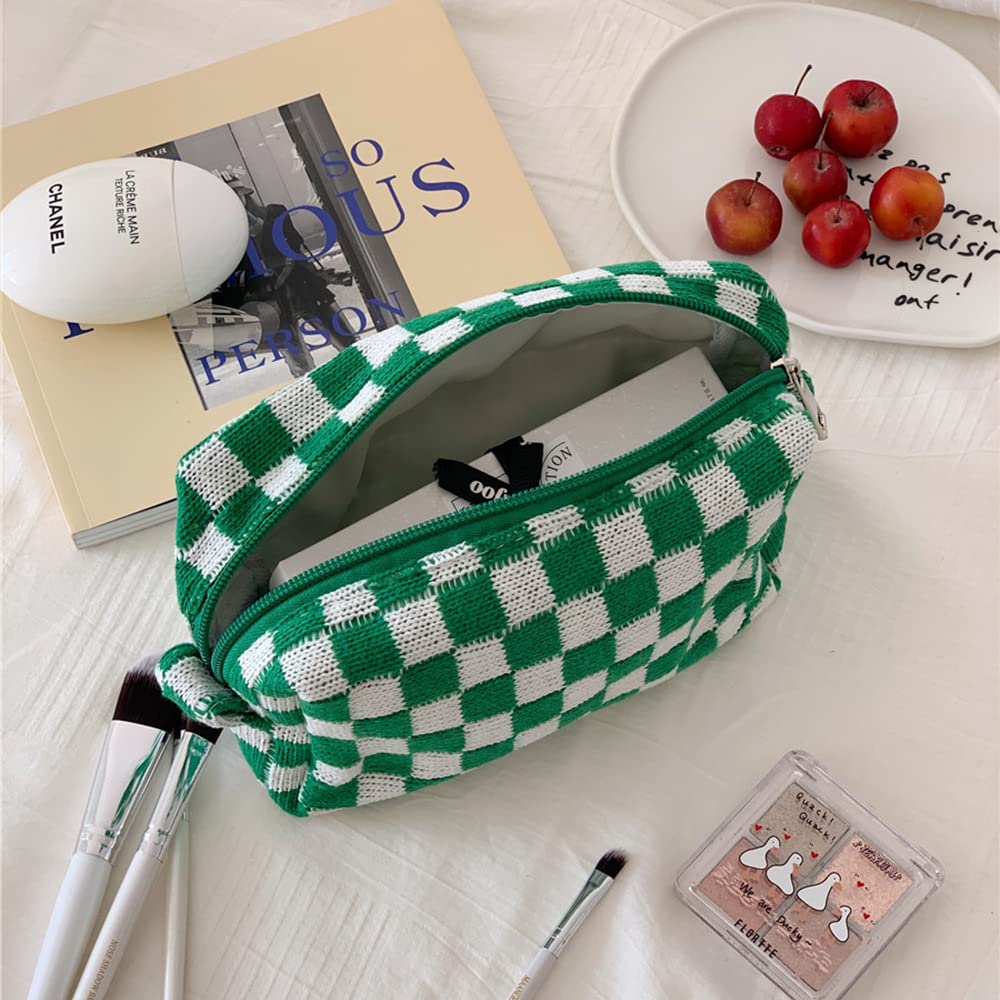 2 Pcs Small Makeup Bag Set - Checkered Cosmetic Pouch & Brush Organizer | Mini Travel Makeup Case for Purse | Cute Aesthetic Accessories Storage | Perfect for Women's Travel Essentials & Daily Beauty Organization