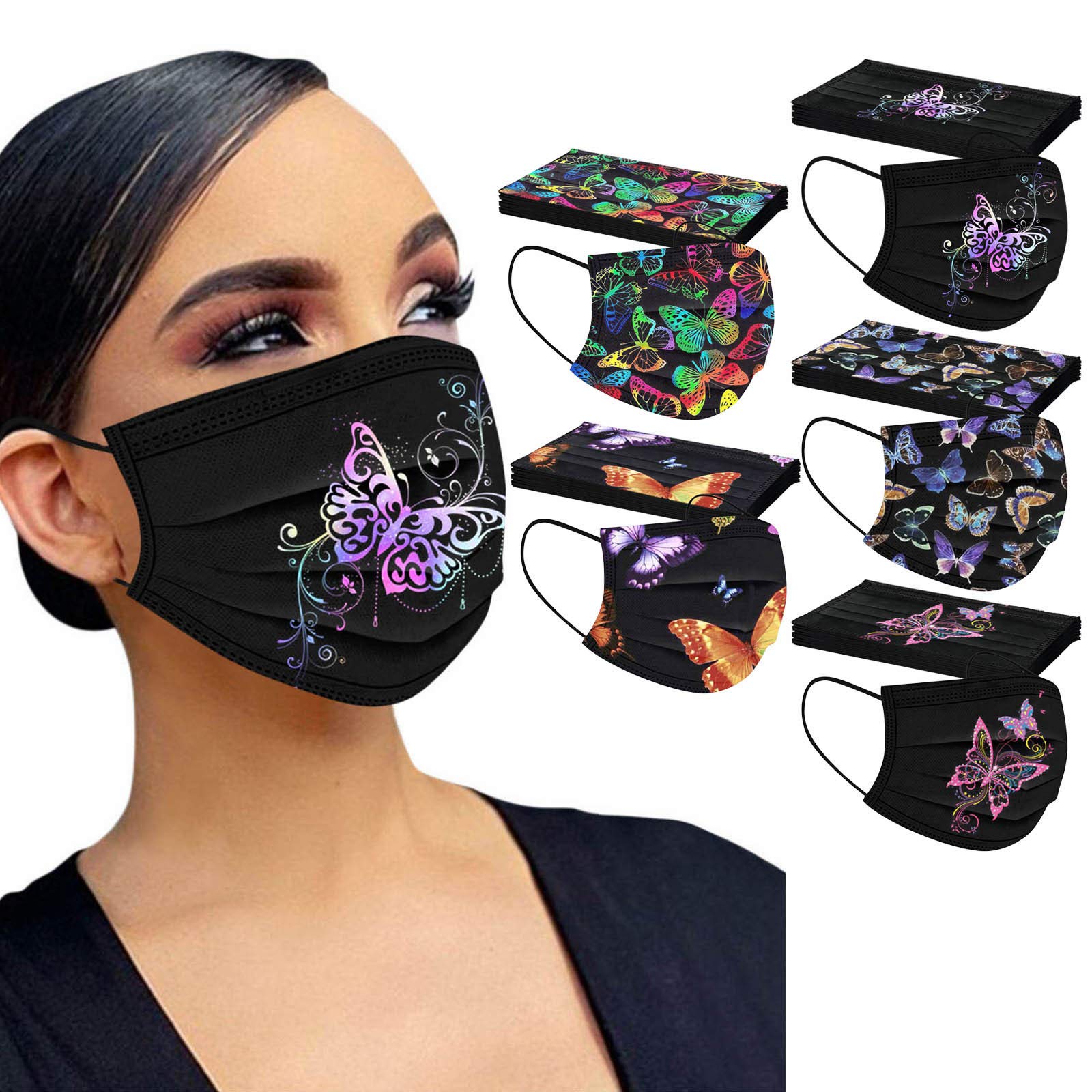 50PC Black Disposable Face Masks for Women & Adults - 3-Ply Breathable Protection with Cute Patterns - Perfect for Daily Use, Travel, and Public Safety