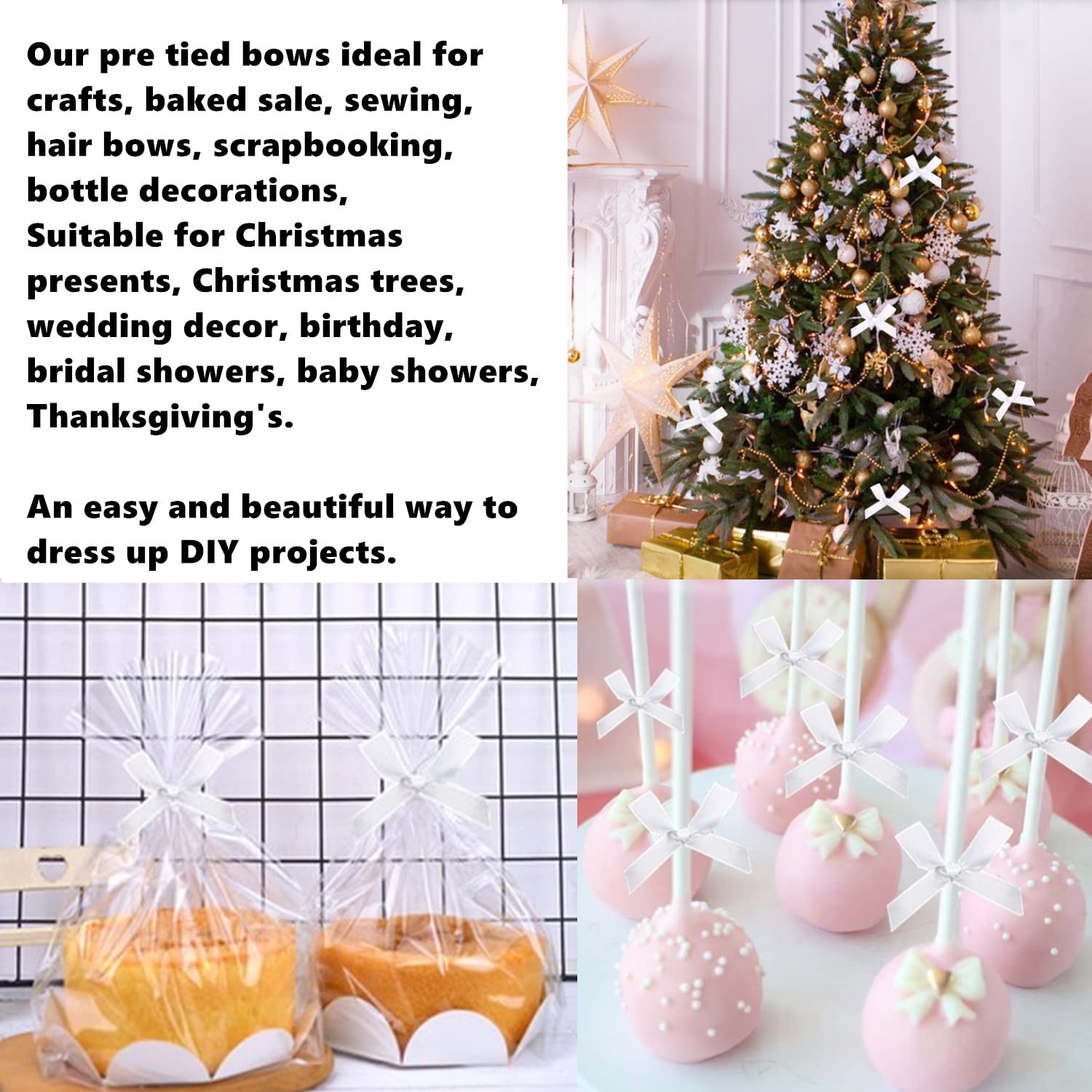 50 Pieces White Satin Bow Twist Ties for Gift Wrapping, Cake Pops, Treat Bags & Party Decorations - Pre-Tied Ribbon Bows for Easy DIY Crafts and Elegant Packaging