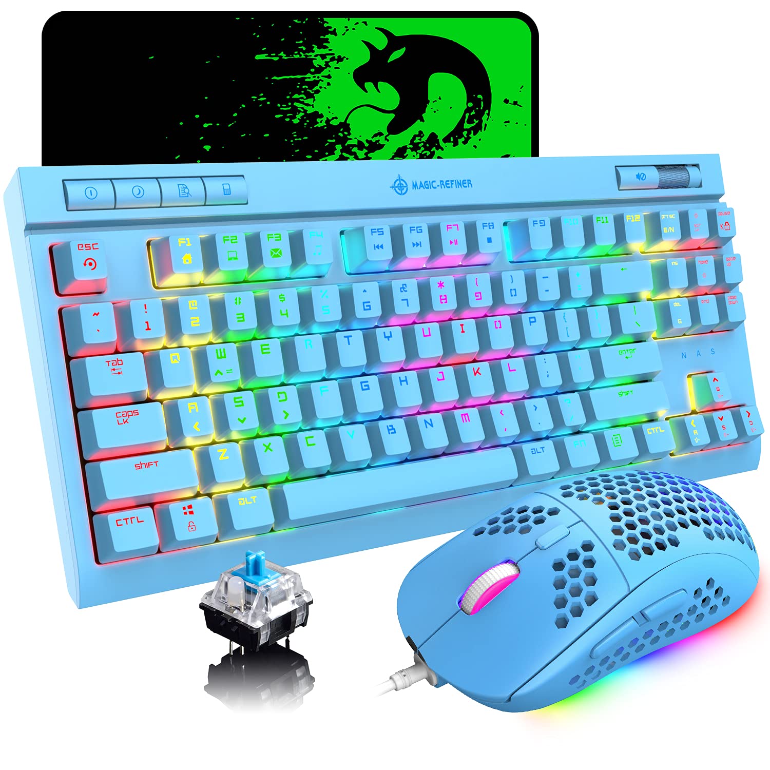 RGB Rainbow Mechanical Gaming Keyboard and Mouse Combo - Blue Switch 87 Keys Backlit Keyboard with Lightweight Honeycomb Shell, Wired RGB Gaming Mouse 6400 DPI, Mouse Pad - Perfect for PC Gaming, Xbox One, PS4, PS5 - Ideal for Esports, Streaming & Office Work