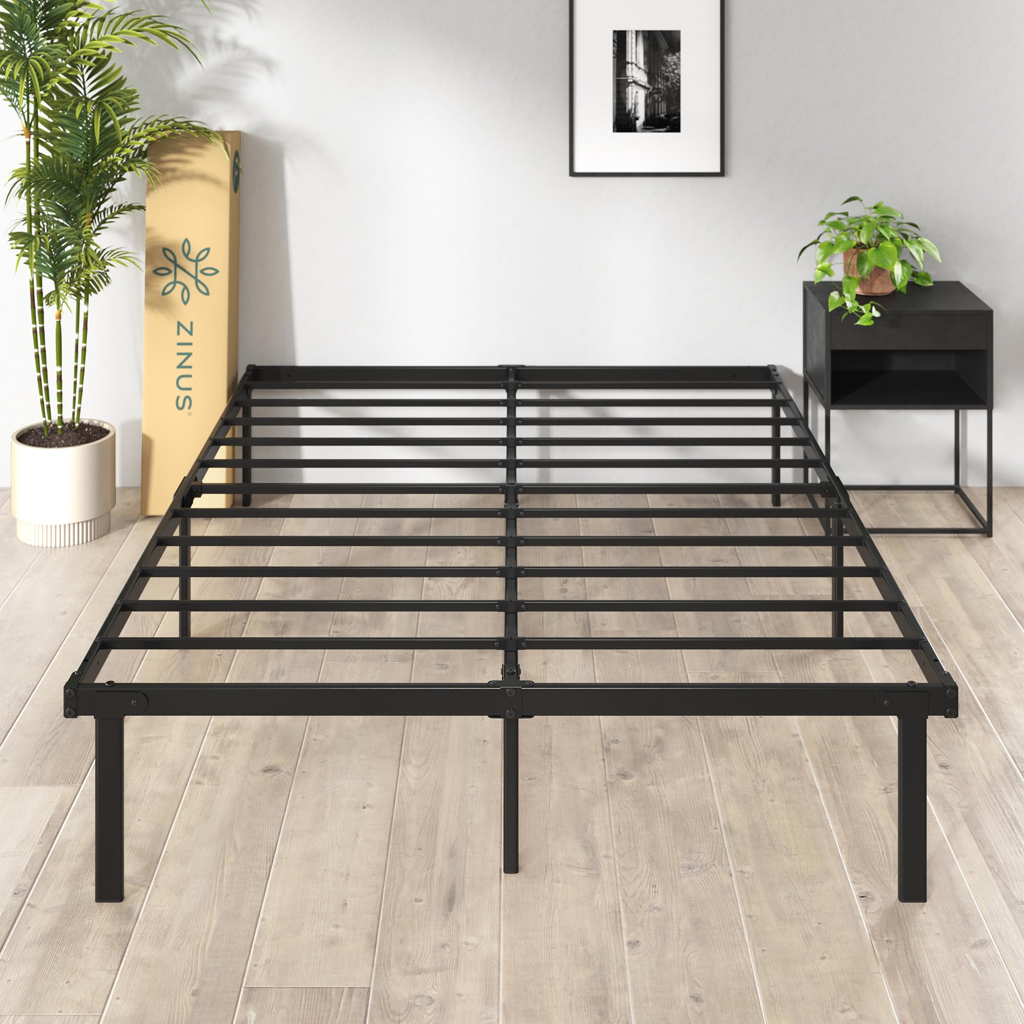 Zinus Caleb 140x190cm Platform Bed Frame with Under Bed Storage - 36cm Height, Foldable Steel Frame in Black - Perfect for Small Bedrooms & Guest Rooms