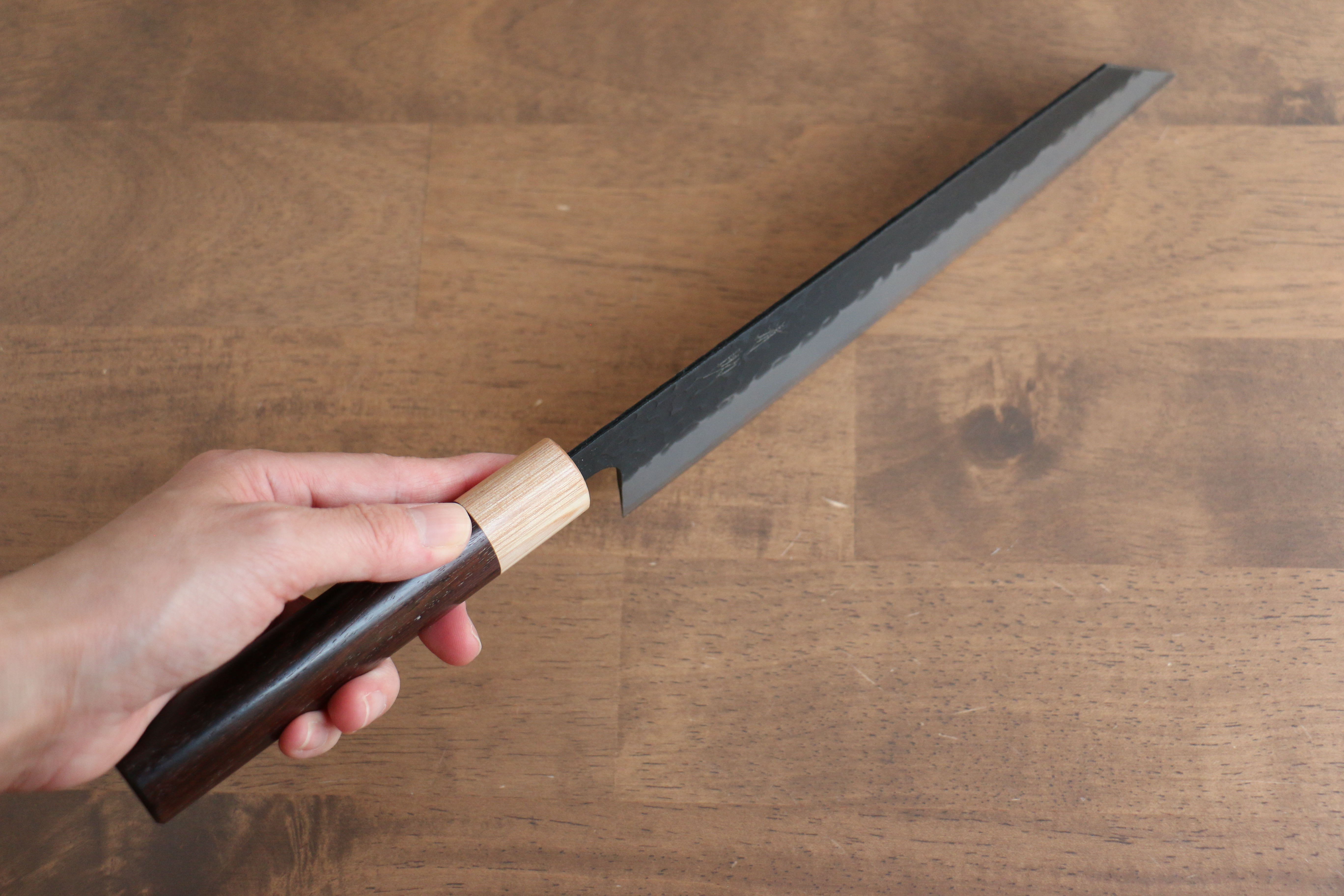 Premium Seisuke Shitan Blue Super Hammered Kurouchi Kiritsuke Knife 210mm - High Carbon Steel Blade with Exquisite Shitan Handle - Perfect for Sushi, Sashimi & Precision Cutting in Professional Kitchens & Home Cooking