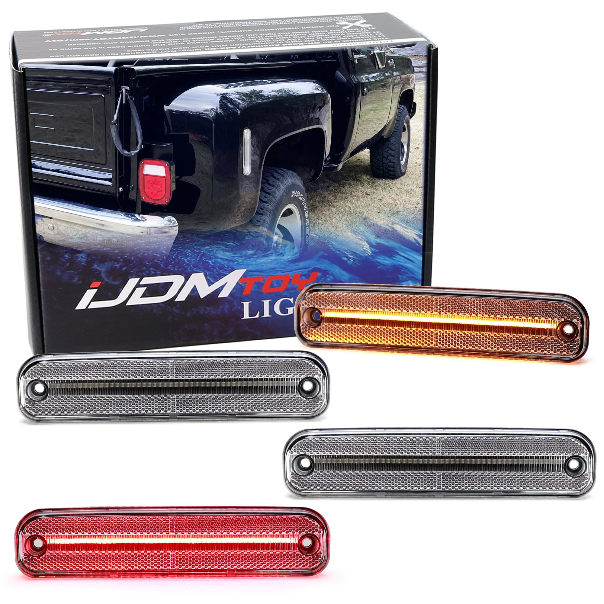 4pc Set Clear Lens Amber/Red Full LED Side Markers for 1975-1980 Chevy GMC C/K Truck - High Visibility Safety Lights for Night Driving & Off-Road Adventures