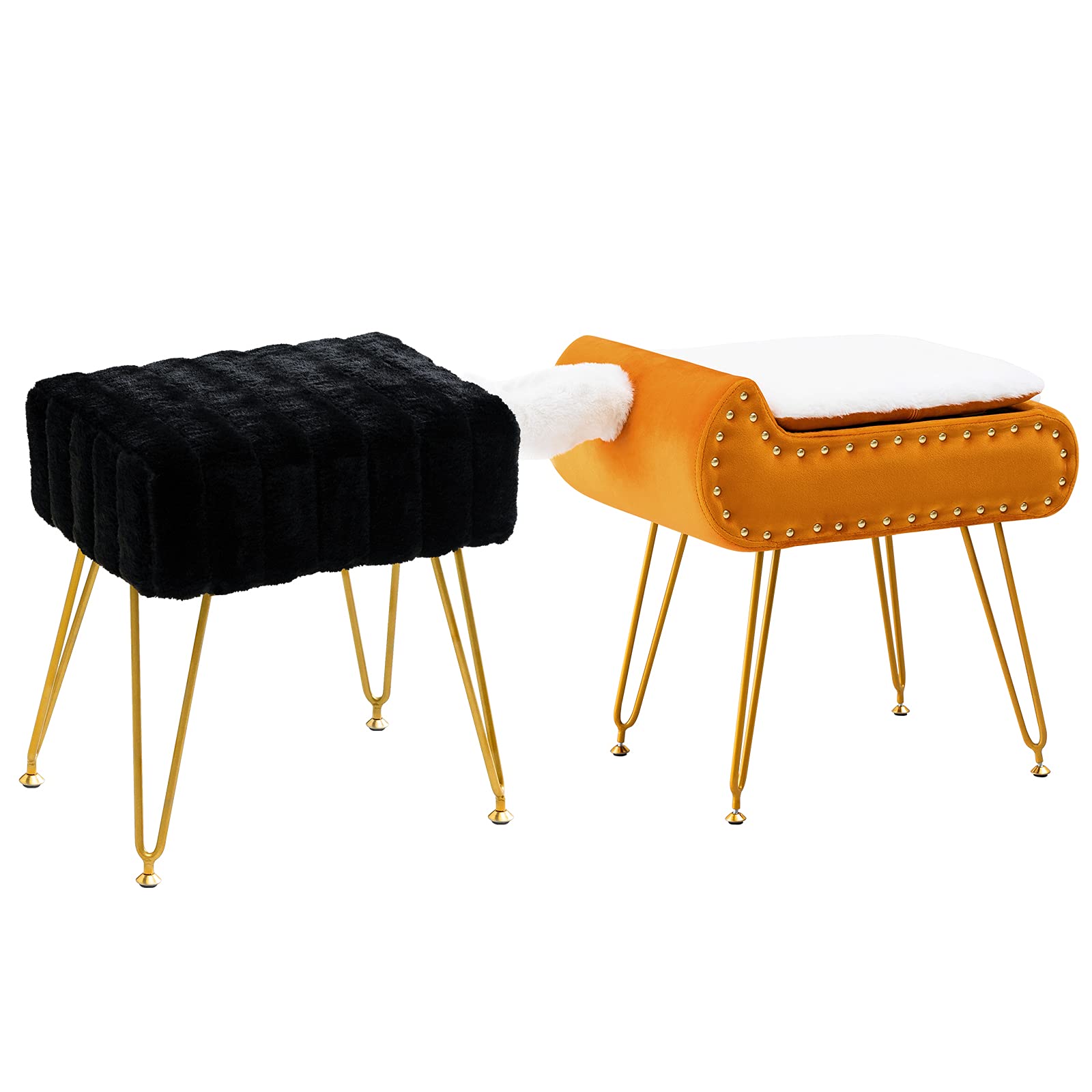 2 Pack Brown Storage Vanity Stool & Gray Faux Fur Round Ottoman - Upholstered Footrest with Metal Legs, Coffee Table Top Cover - Modern Accent Stools for Living Room, Bedroom & Dressing Area - Perfect for Home Decor, Relaxing & Extra Seating