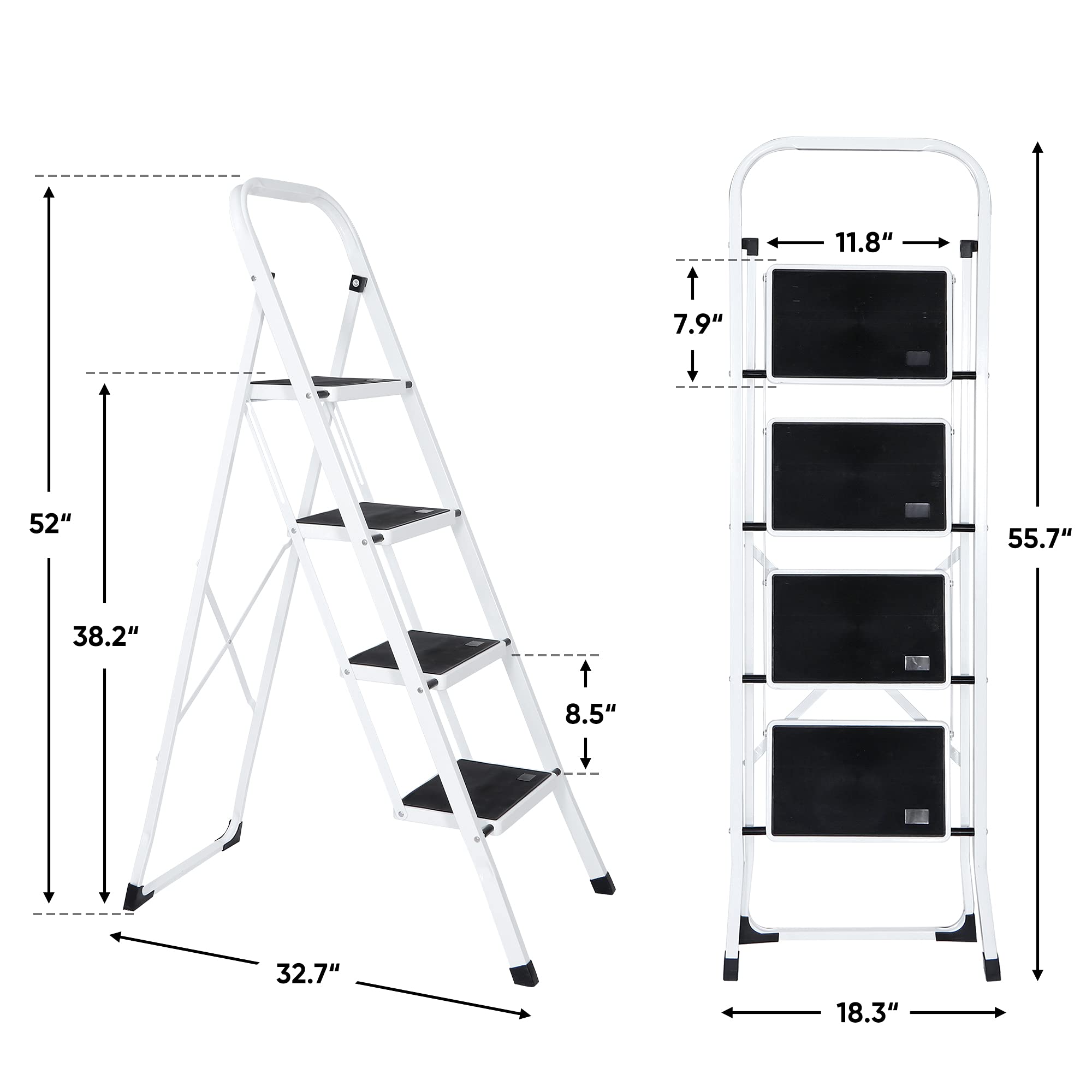 Folding 4 Step Ladder with Wide Anti-Slip Pedals & Handgrip - Portable Lightweight Stool for Home, Kitchen, Office - Sturdy Storage Shelf Rack in White & Black - Perfect for Reaching High Shelves and Home Organization