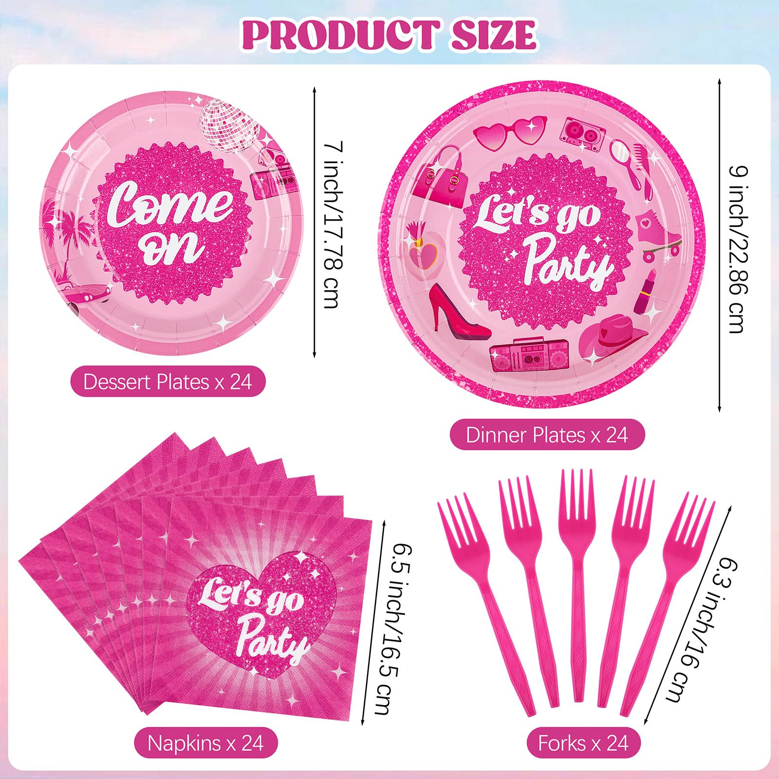 96-Piece Let's Go Party Supplies Set - Hot Pink Disposable Plates, Napkins & Forks for 24 Guests | Bachelorette, Birthday & Disco Party Decorations | Perfect for Girls' Birthday Parties & Celebrations