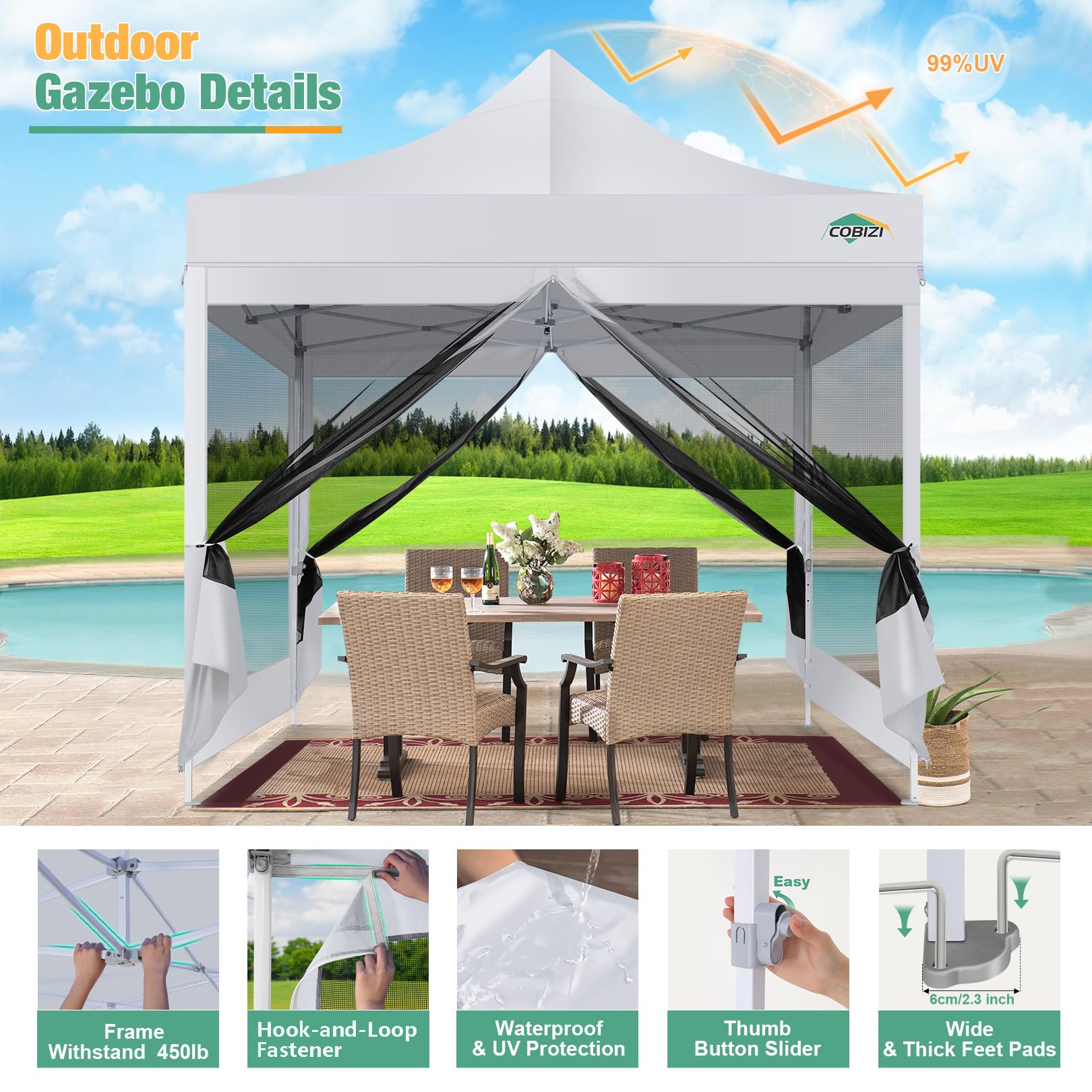 COBIZI 10x10 Heavy Duty Pop Up Canopy Tent with Waterproof Sidewalls & Mosquito Netting - Easy Setup Instant Shelter for Outdoor Parties, Weddings, Backyard Events - Includes Carry Bag (White)