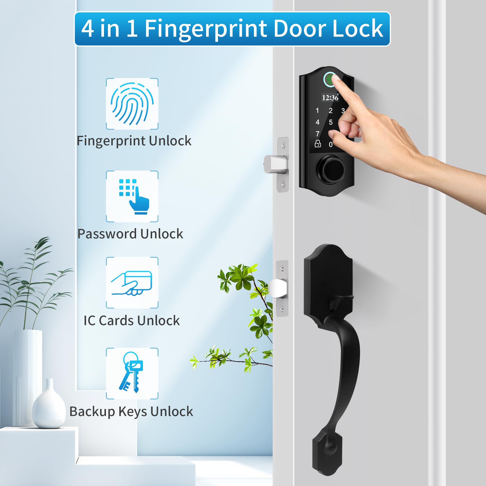 HARFO Smart Keyless Entry Fingerprint Door Lock with Keypad & Handle - Electronic Deadbolt for Front Door Security - Perfect for Homes, Apartments & Offices (Black)