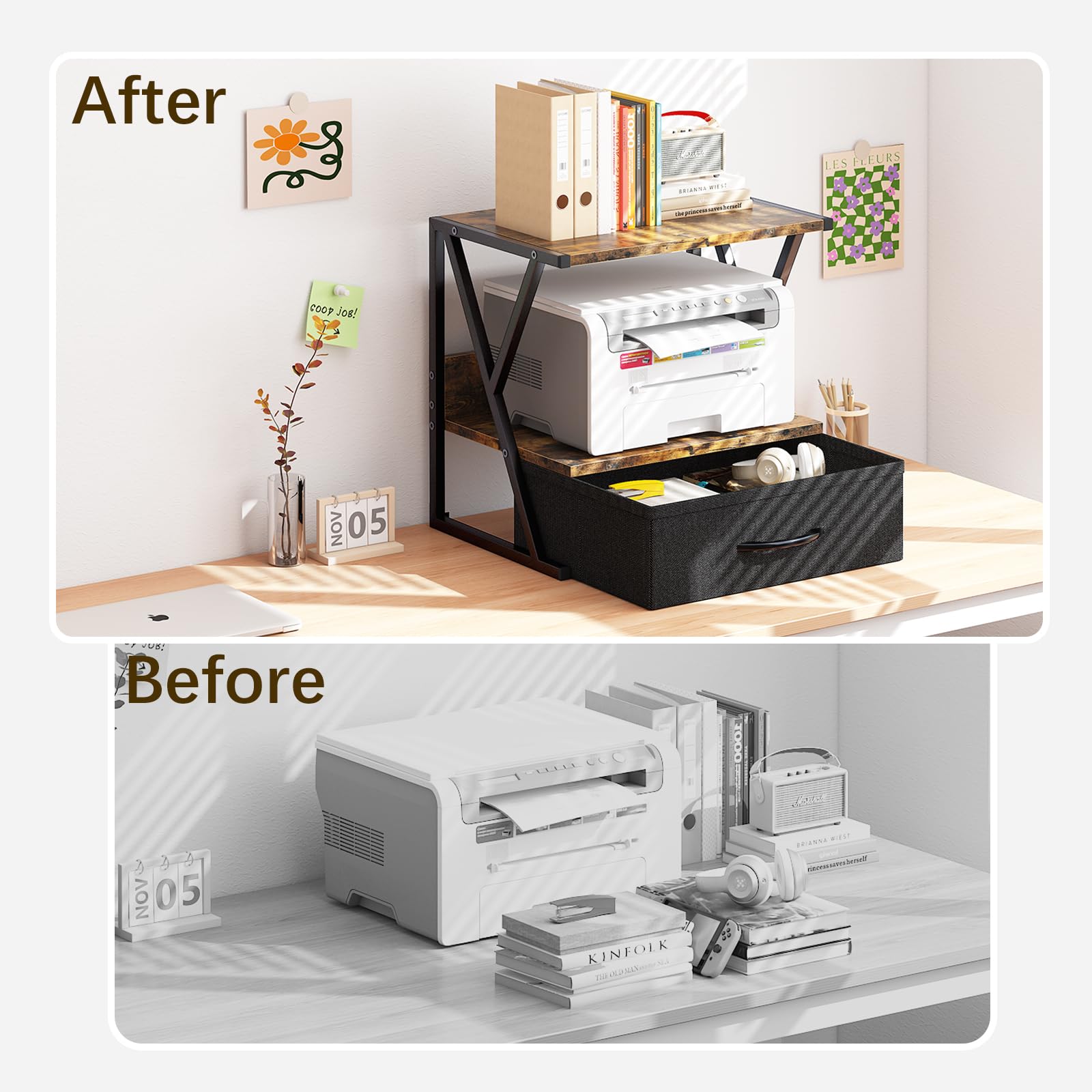 aboxoo 2-Tier Printer Stand with Storage Drawer - Rustic Brown Desk Organizer for Fax Machine, 3D Printer & Scanner - Space-Saving Home Office Solution for Under Desk or Desktop Use