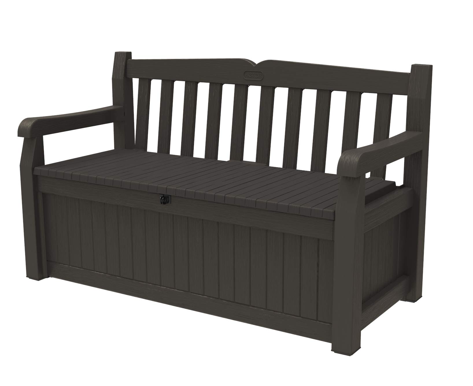 Keter Solana 70 Gallon Outdoor Storage Bench Deck Box - Weatherproof Patio Furniture Storage for Garden Tools, Pool Toys & Front Porch Decor (Brown) - Perfect for Backyard, Deck & Poolside Organization
