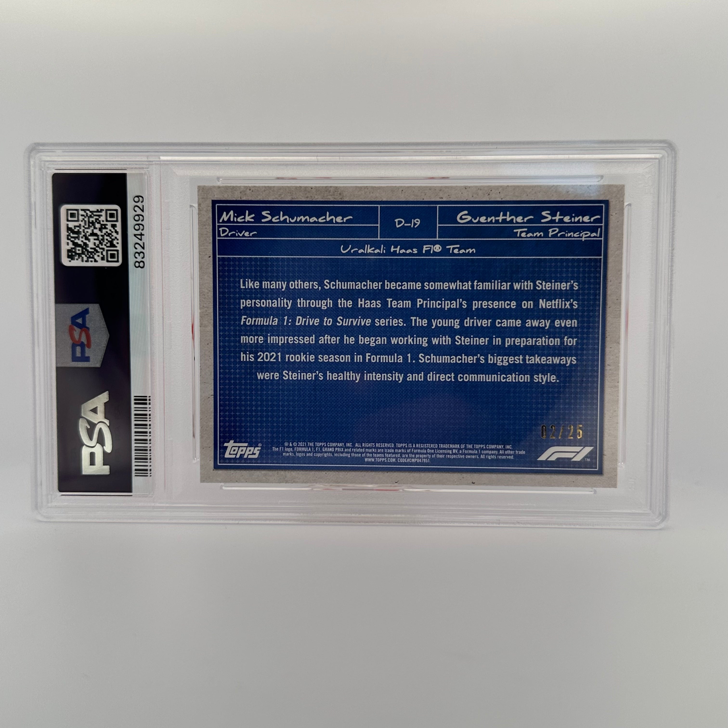 PSA 9 Graded 2/25 Mick Schumacher & Guenther Steiner F1 Debrief #D19 Orange - Perfect for F1 Collectors & Motorsport Fans Display