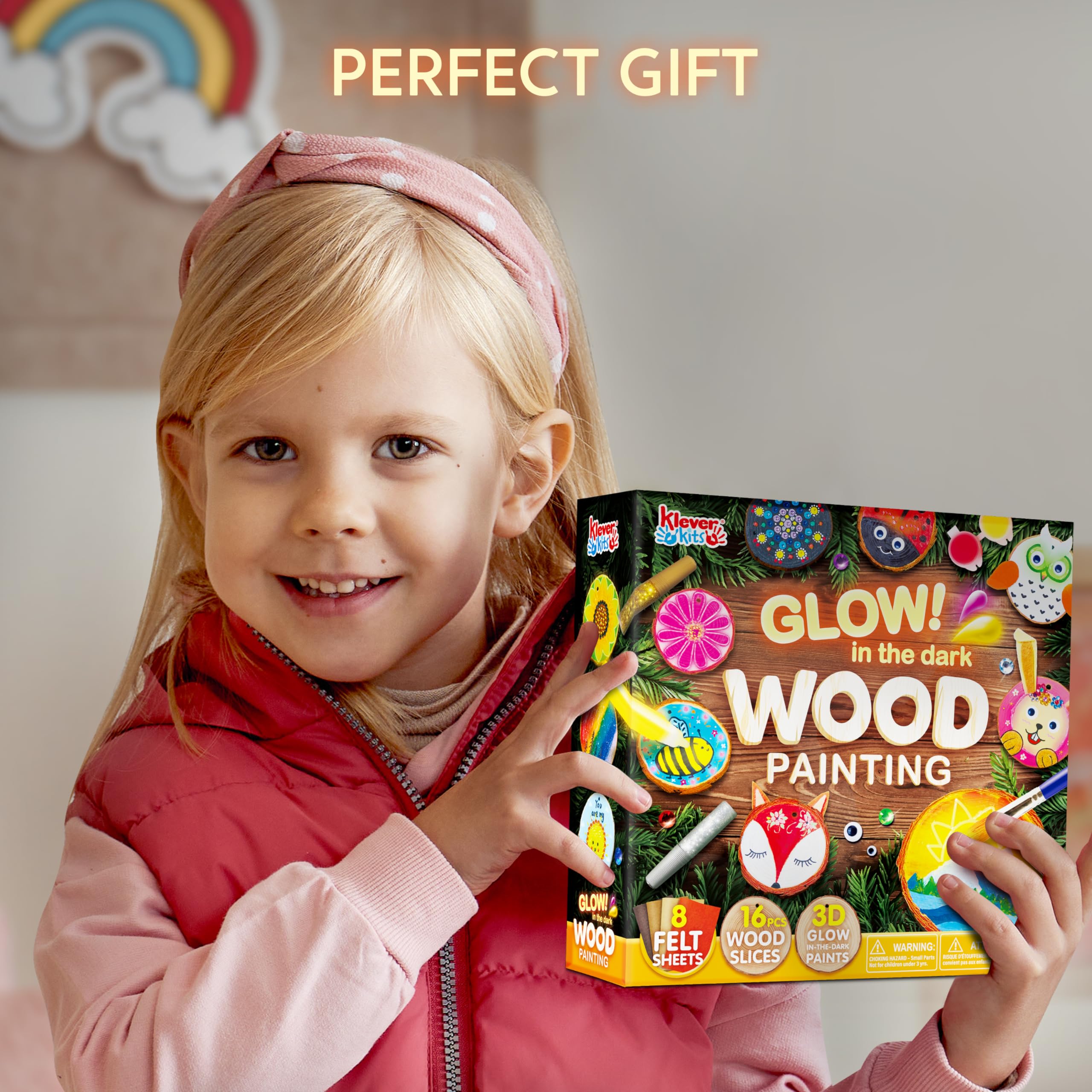 Klever Kits Wooden Painting Craft Kit - Glow in The Dark Art Supplies for Kids Ages 6-12 - DIY Wood Slices with Painting Activities - Creative Wood Crafts for Boys & Girls - Perfect for Birthday Parties, Easter Gifts & Family Art Projects