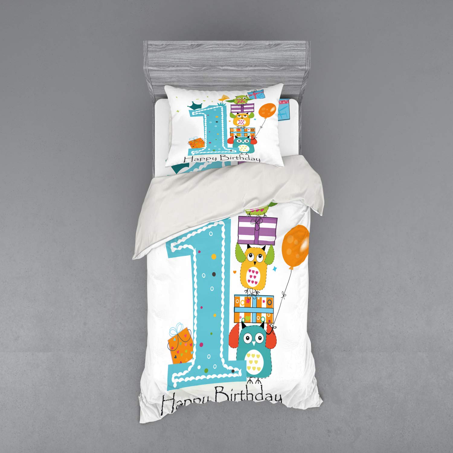 Ambesonne 1st Birthday Bedding Set - Twin Size 3-Piece Duvet Cover with Sham & Fitted Sheet | First Birthday Cake with Candle Owls Family Party Theme Print in Sky Blue, Orange & Green | Perfect for Baby's First Birthday, Nursery Decor & Gift Ideas