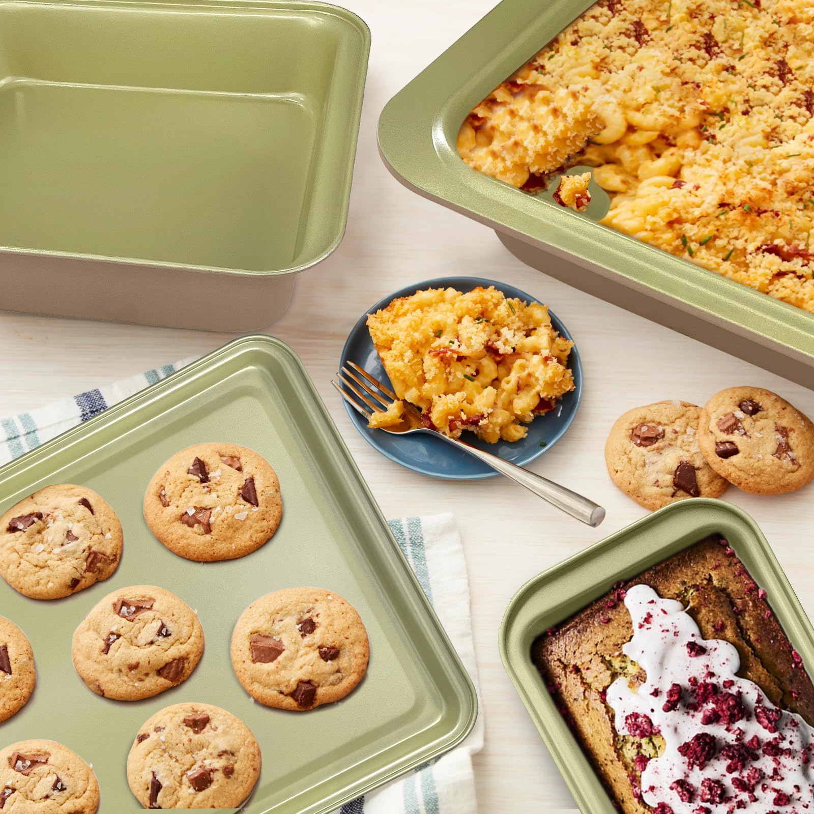 10-Piece Nonstick Bakeware Set - Professional Bicolor Baking Pans with Cookie Sheets, Muffin Pan, Loaf Pan, Cake Pan & Cooling Rack | 0.8mm Thick, Dishwasher Safe, Heavy Duty | Perfect for Baking Cakes, Cookies, Bread & More at Home or Commercial Kitchens