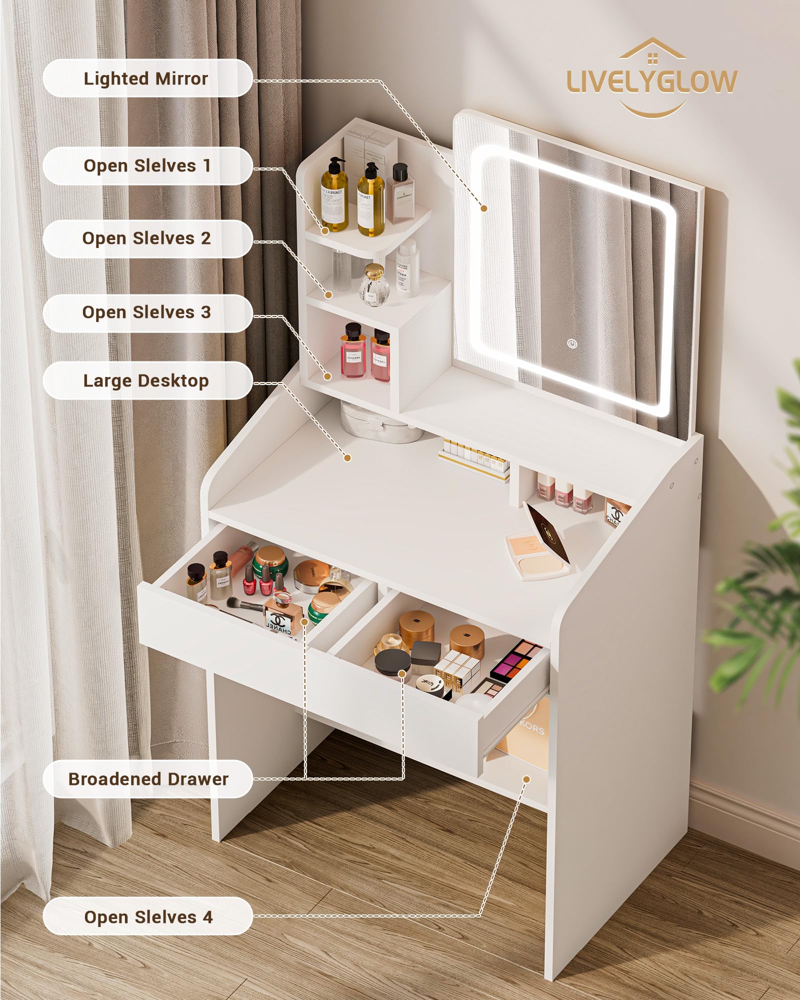 Elegant White Vanity Desk Set with Square Mirror & LED Lights, 3 Drawers for Makeup & Jewelry Organization - Perfect for Bedroom, Dressing Room & Beauty Salon