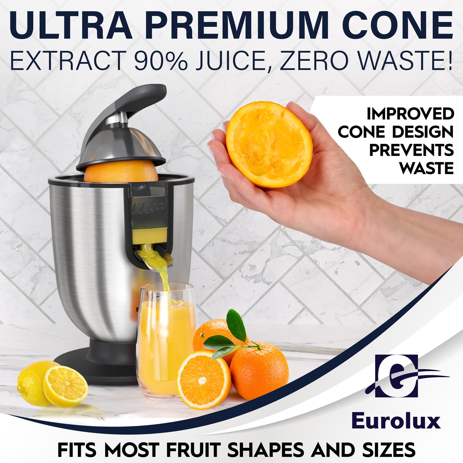Premium Electric Orange Juicer - Stainless Steel Citrus Squeezer with Powerful Motor, Soft Grip Handle & Auto Shutoff | Dishwasher Safe, Adjustable Pulp Control | Perfect for Fresh Juice, Cocktails, Breakfast & Healthy Living